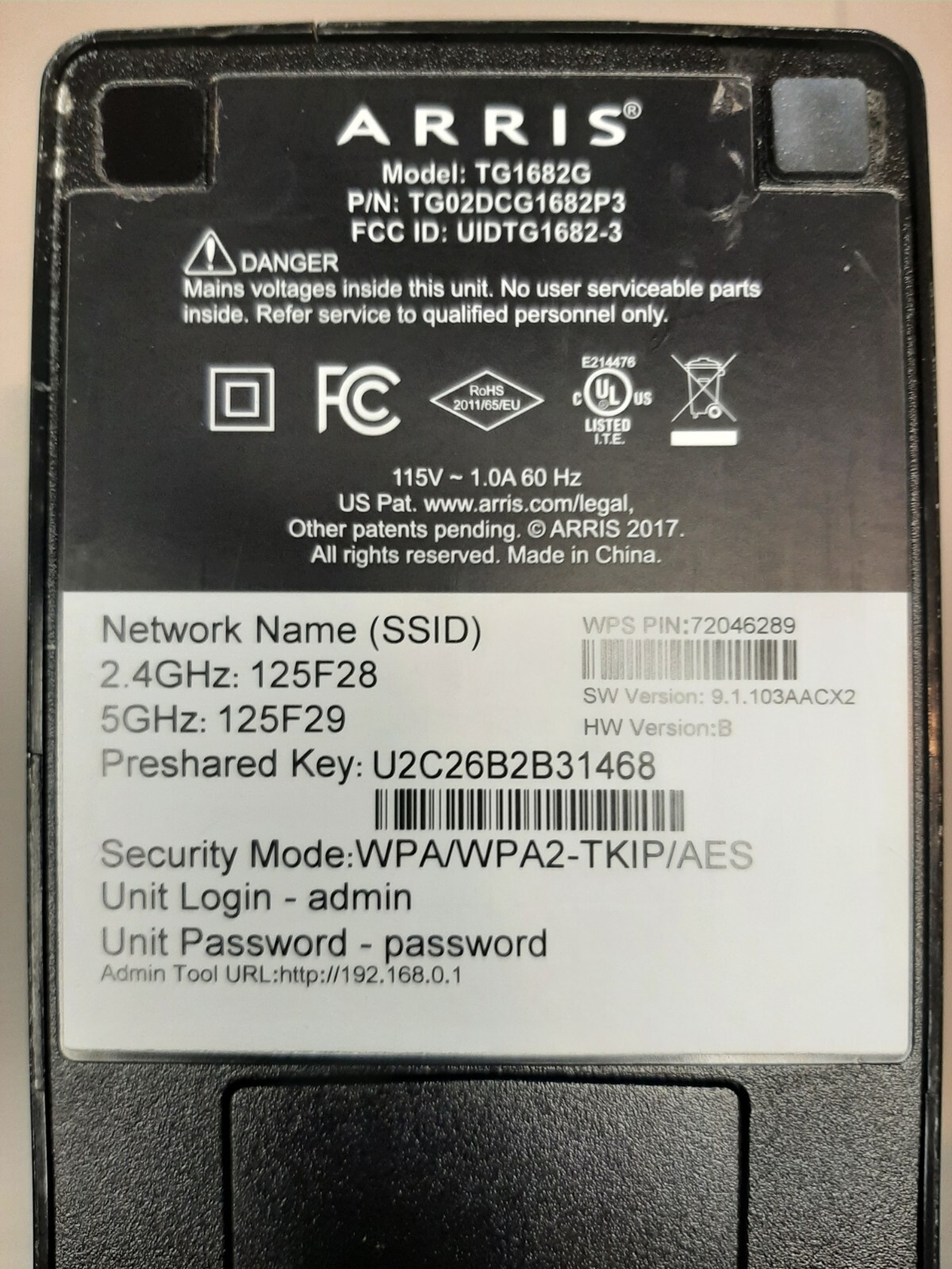 ARRIS TG1682G Wireless Modem Router, W/ Power Cable.