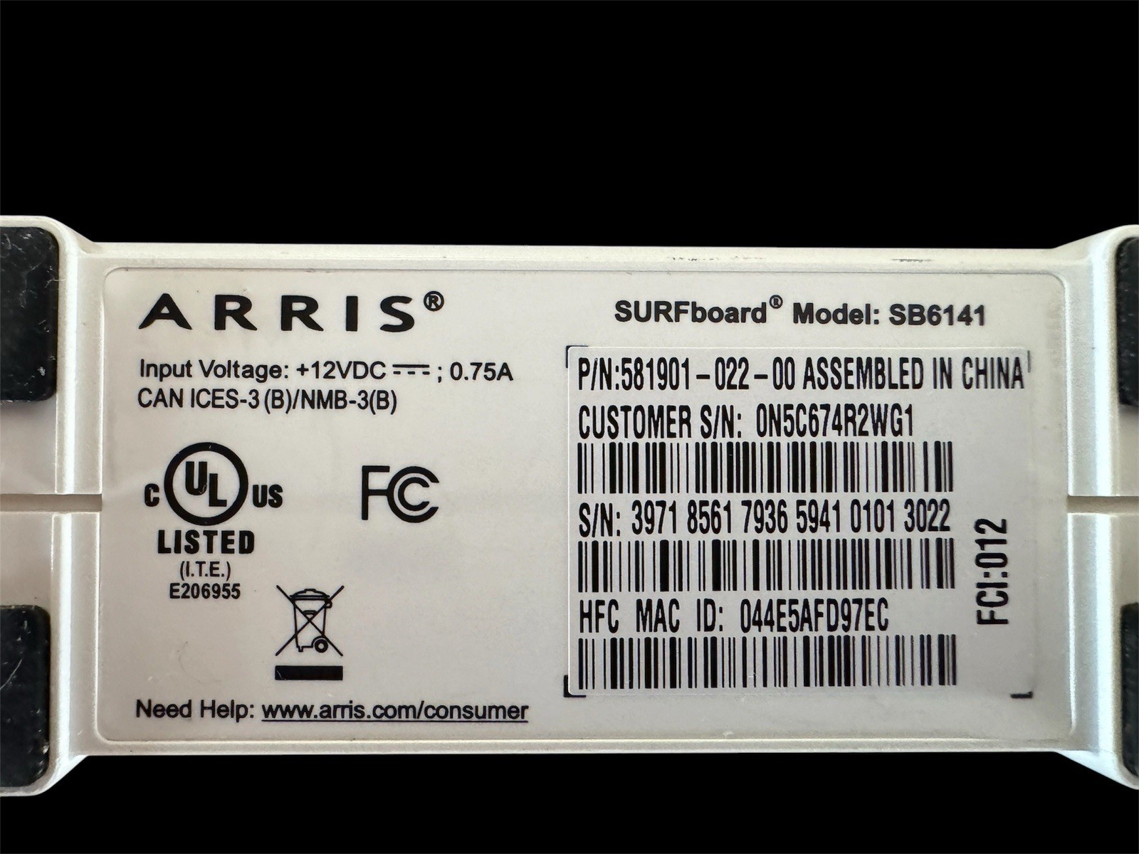 ARRIS SURFboard SB6141 Cable Modem And Power Cord