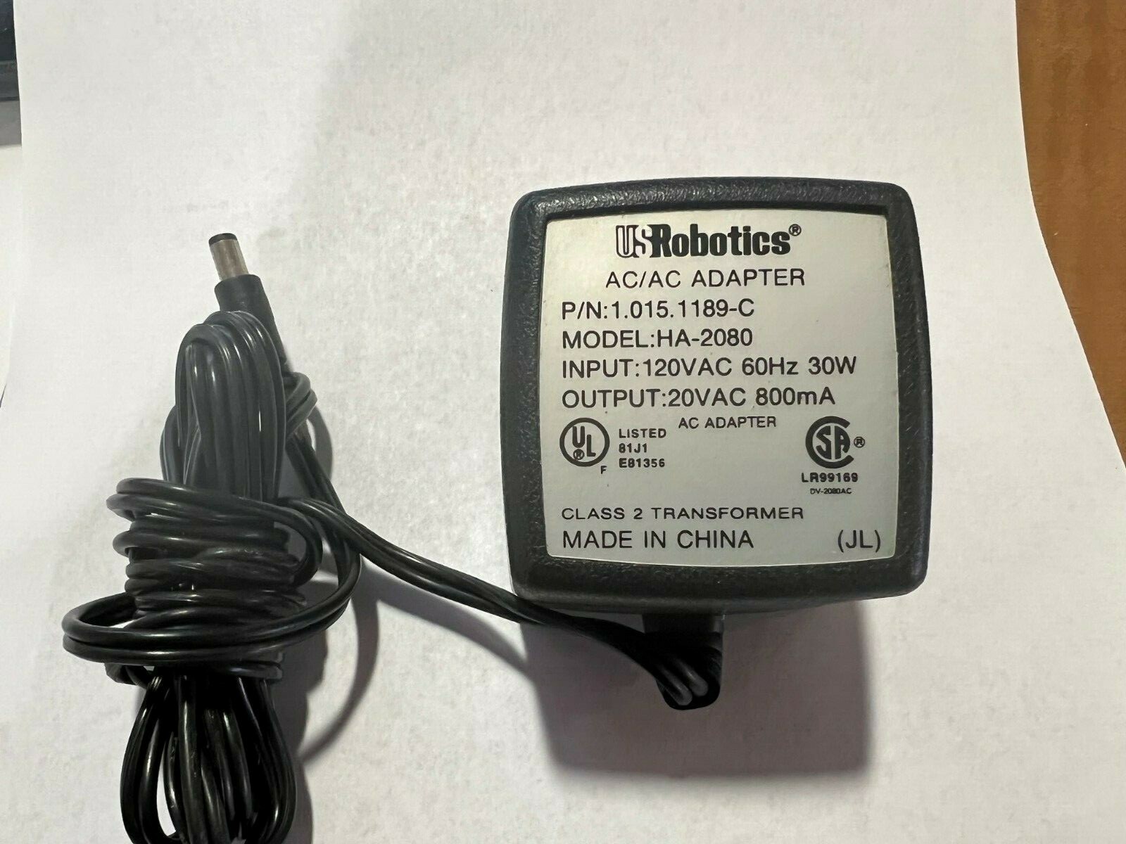 US Robotics External Fax/Modem 20VAC Adapter Power P/N: 1.015.1189-C HA-2080