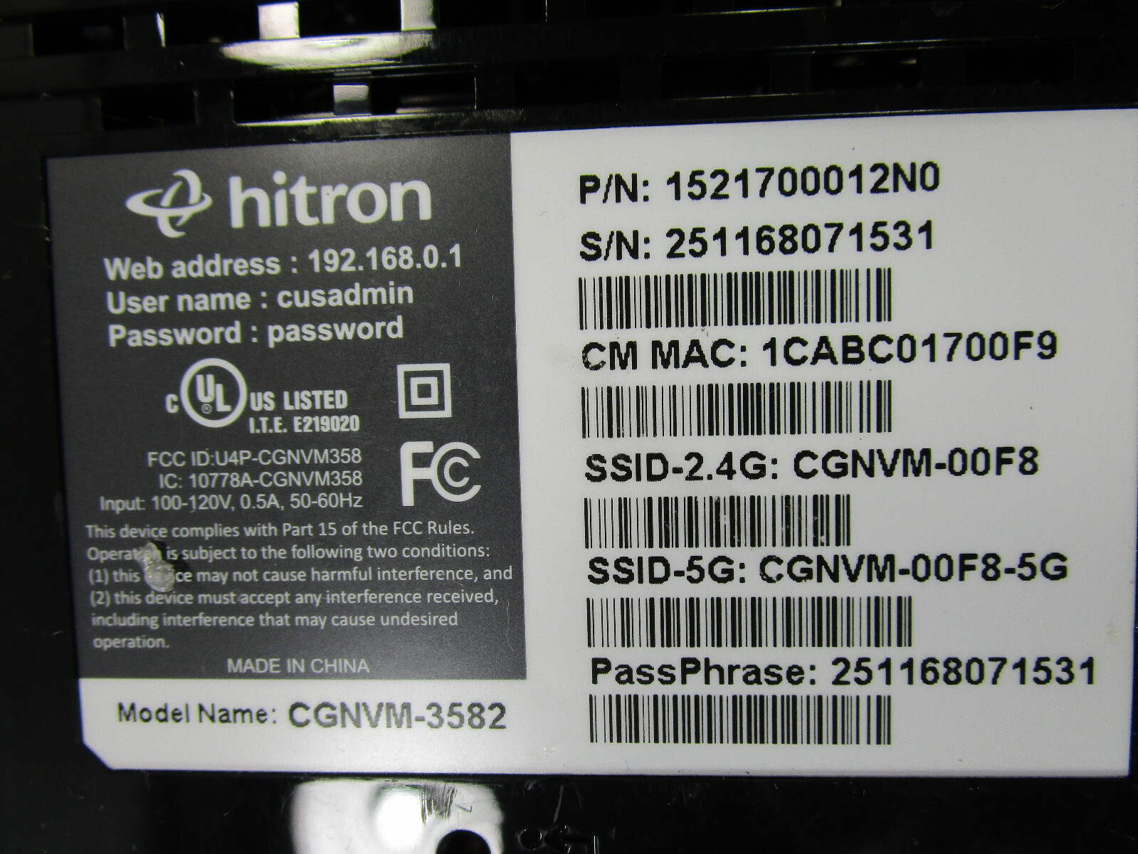 Hitron CGNVM-3582 Wireless Cable Modem 3.0 32×8 Downstream channels