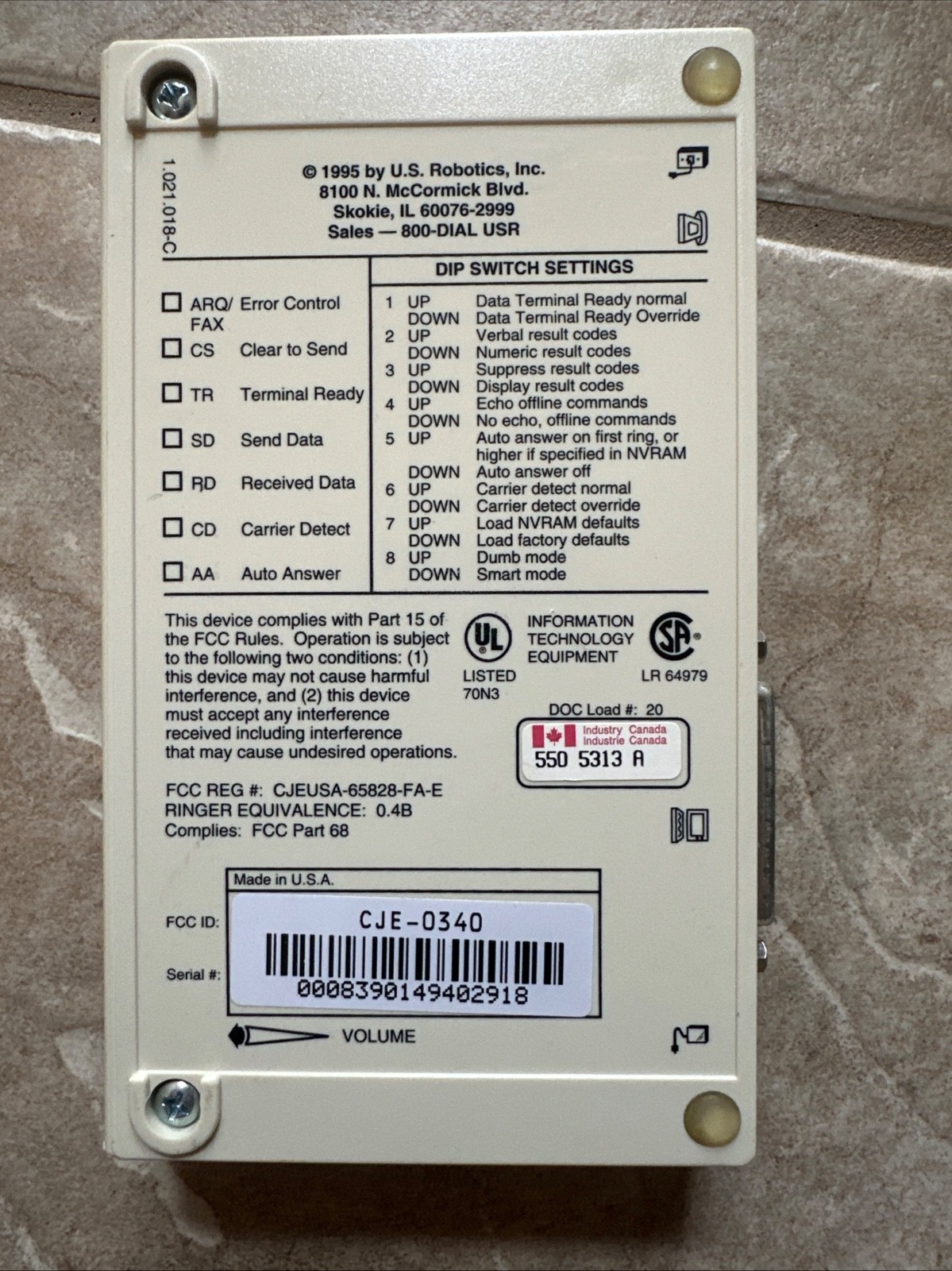 US ROBOTICS MAC&FAX SPORTSTER External FAX MODEM 28,800 V.34 V.32 Mac Fax