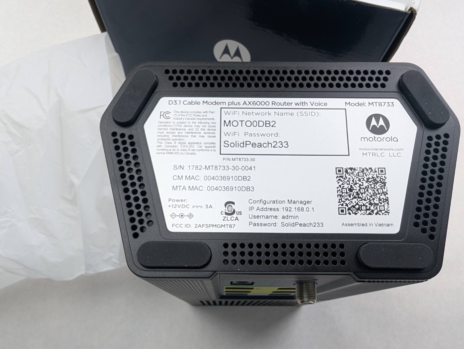 Motorola MT8733 DOCSIS 3.1 WiFi 6 AX600 Cable Modem-Router