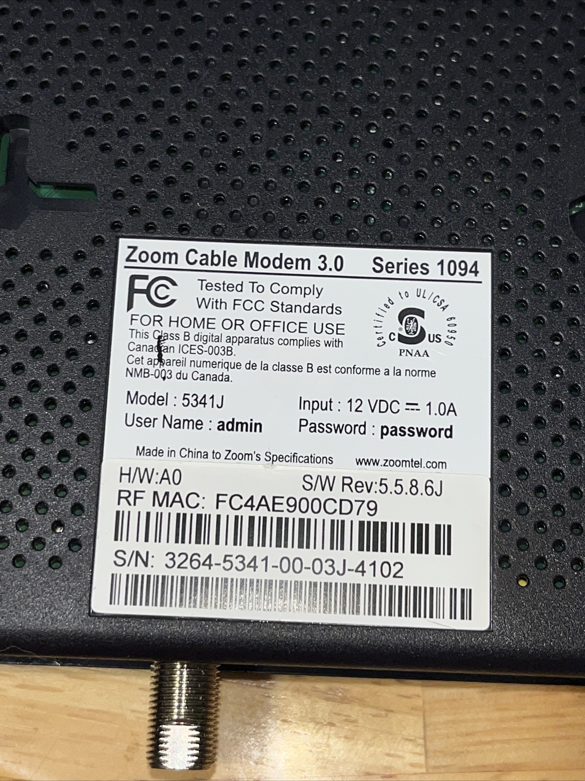 ZOOM CABLE MODEM 3.0 Model 5341J-SERIES 1094 – Tested Works See Photo