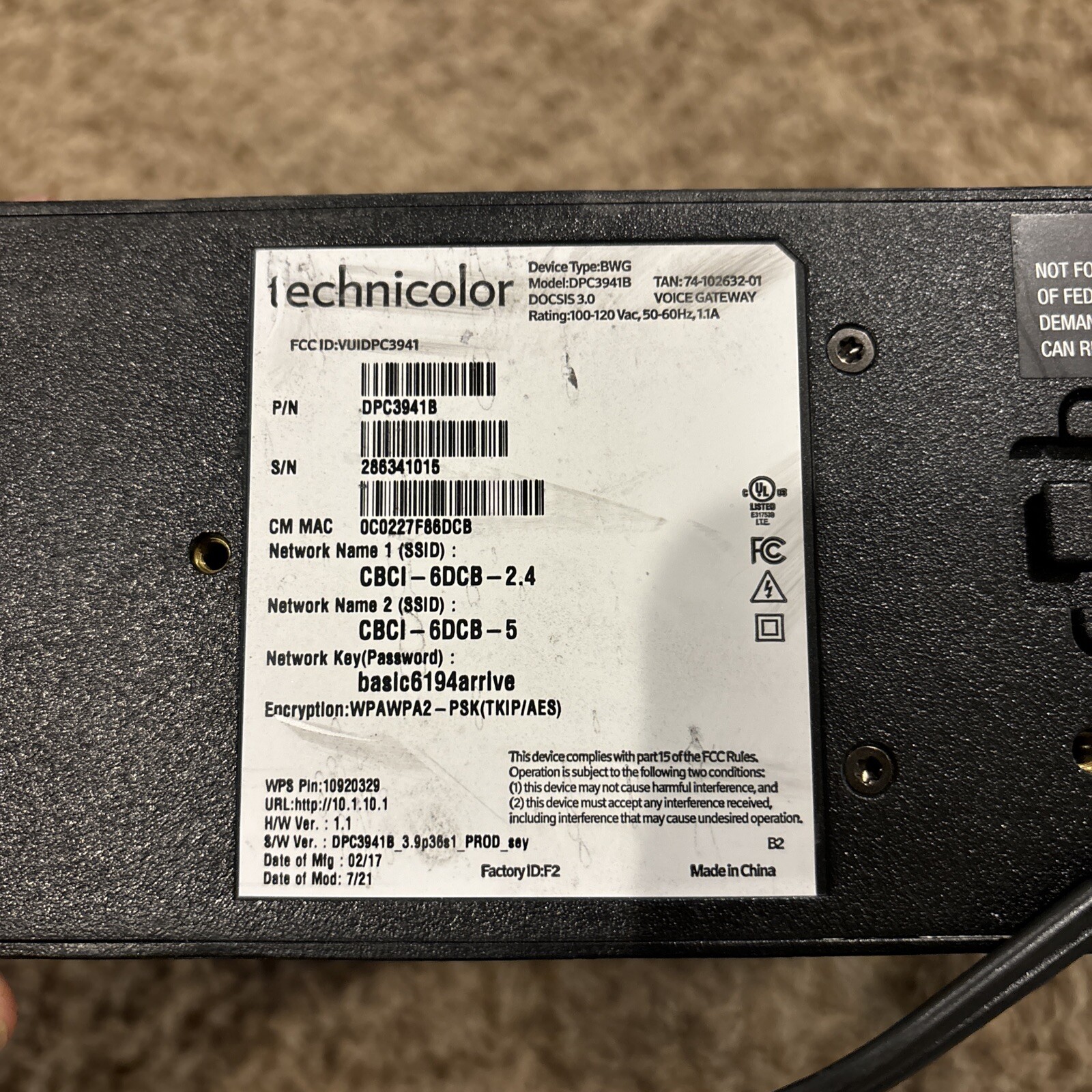 Technicolor DPC3941B Comcast Business Dual Band WiFi Cable Modem Router w/Cord