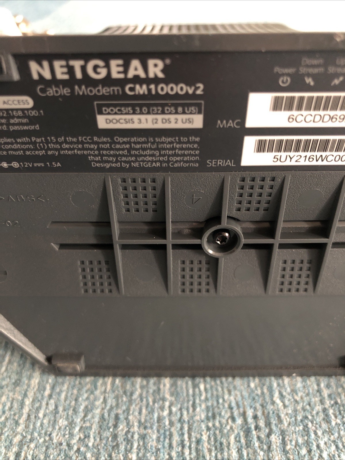 NETGEAR CM1000v2 Nighthawk DOCSIS 3.1 Cable Modem USED WORKS Power Cord Coaxial