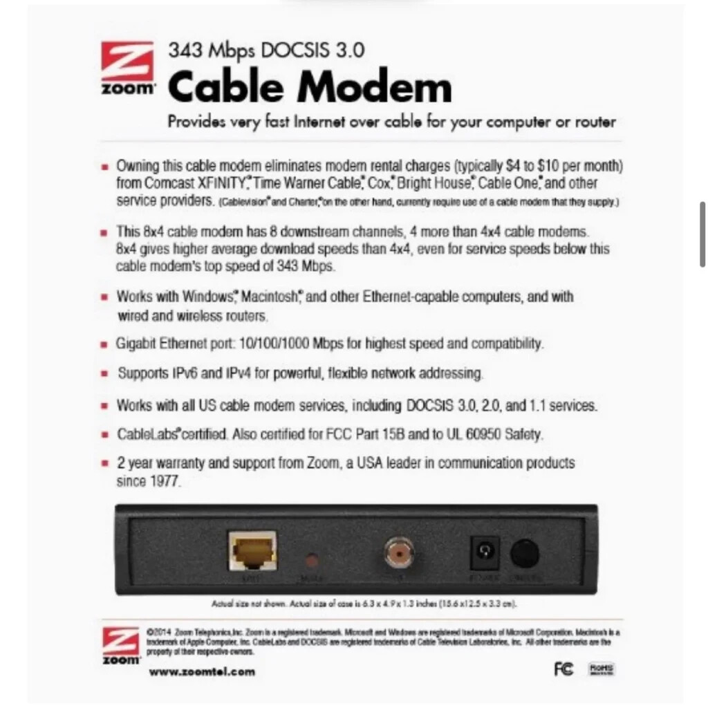 Zoom Cable Modem 3.0 Series 1094 12 VDC+1.0A Model 5341J