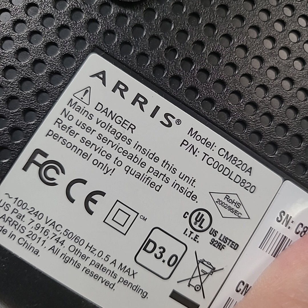 ARRIS CM820A DOCSIS Cable Internet Modem with Power Cord Pre-owned Used