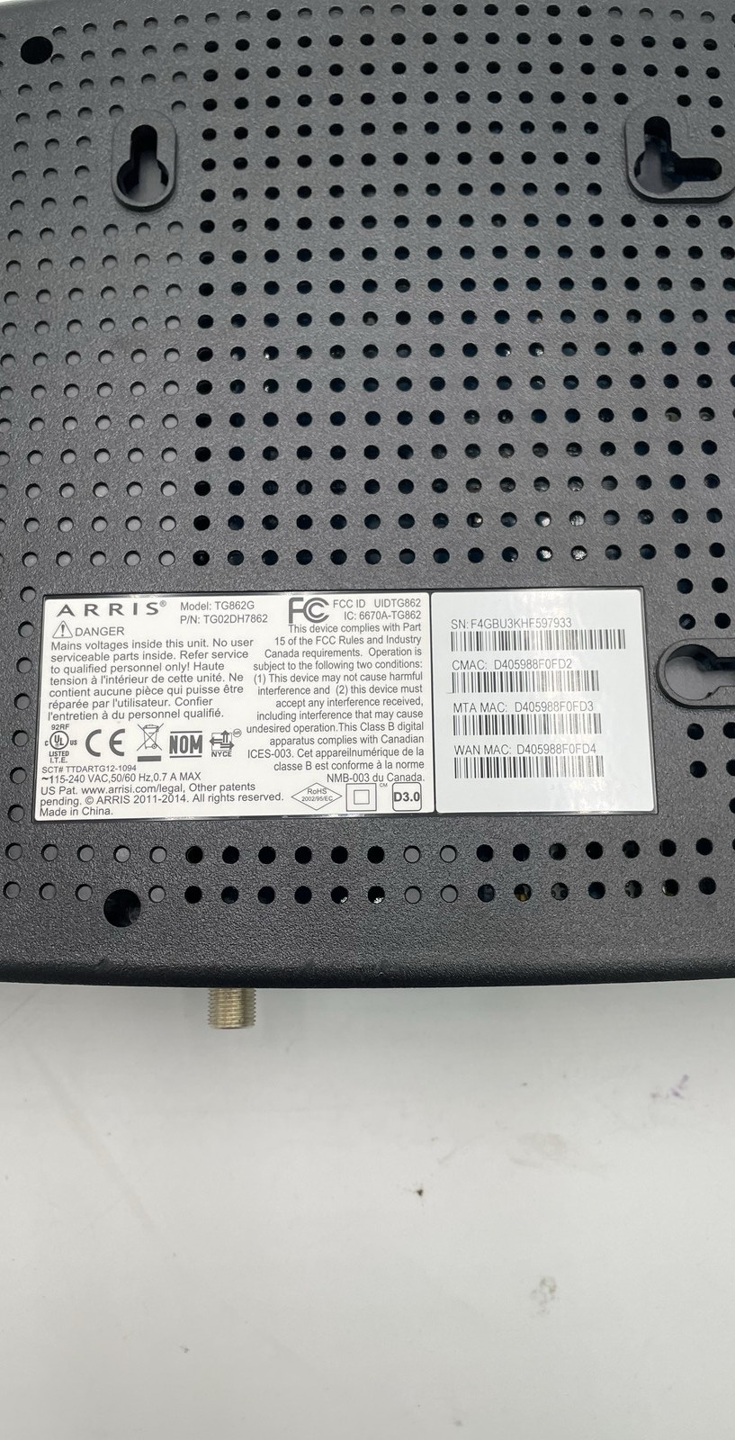 ARRIS TG862G Cable Modem WiFi Router DOCSIS 3.0 TG02DH7862