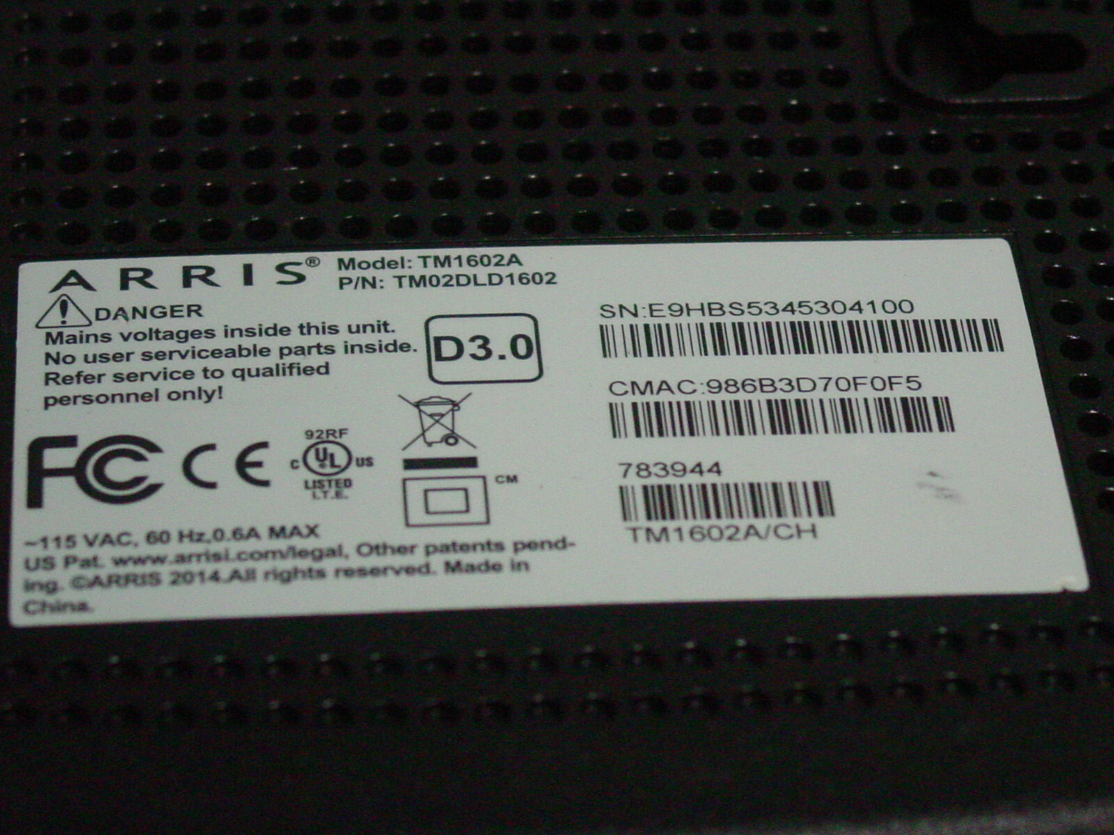 Arris Cable Modem Model TM502G.
