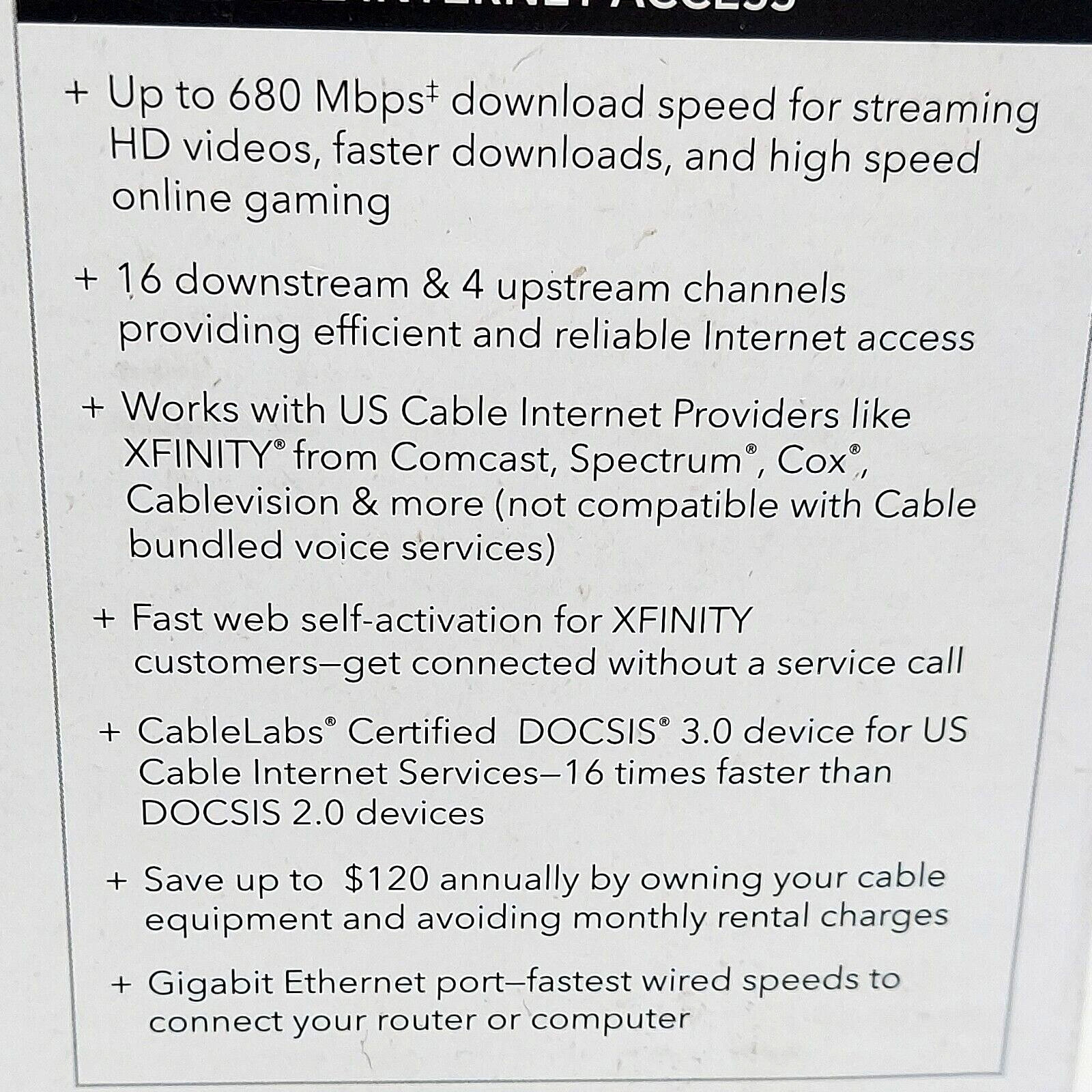 NETGEAR CM500-1AZNAS 16×4 DOCSIS 3.0 Cable Modem Max Download Speeds 686mbps