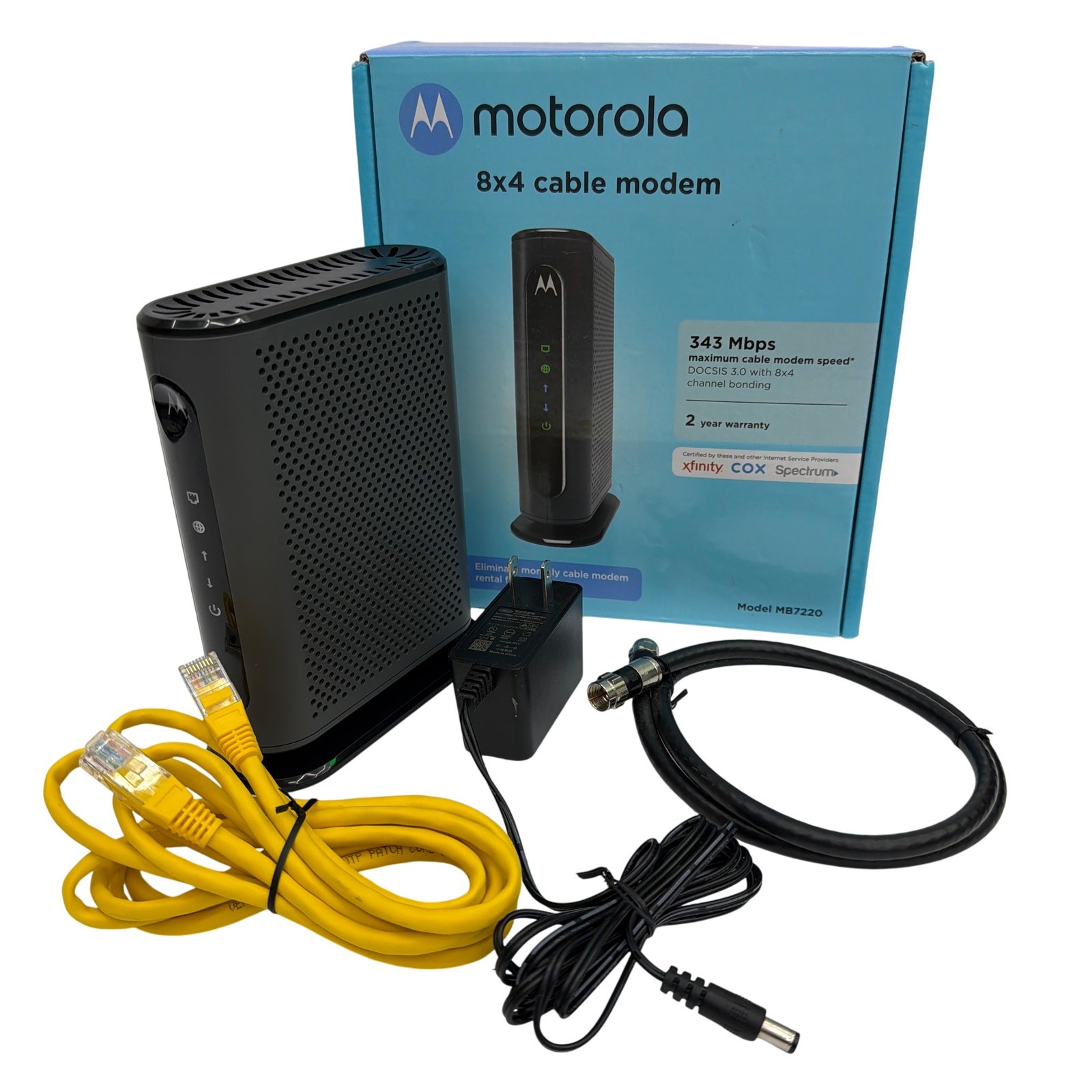 Motorola MB7220 DOCSIS 3.0 8×4 Cable Modem with Cables and Power Adapter