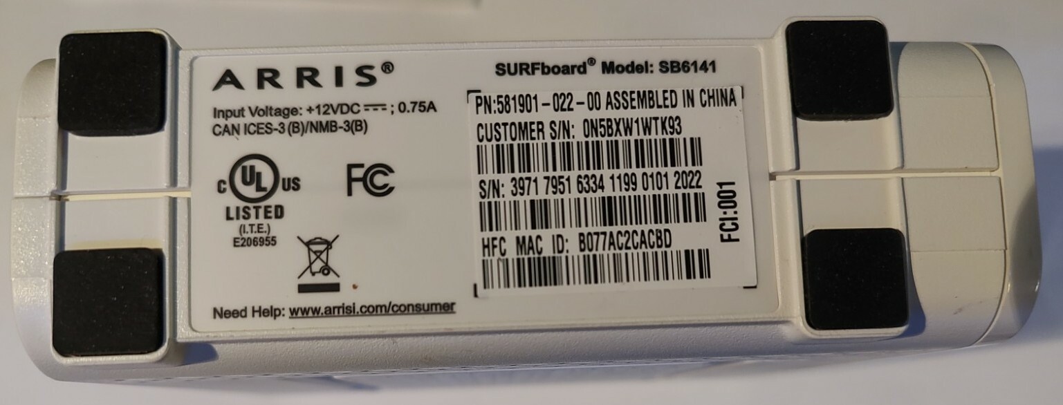 ARRIS SURFboard SB6141 8×4 DOCSIS 3.0 Cable Modem White