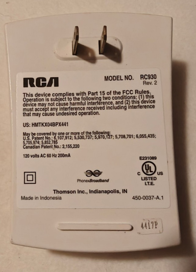 RCA Wireless Modem Jack, RC930 Rev. 2