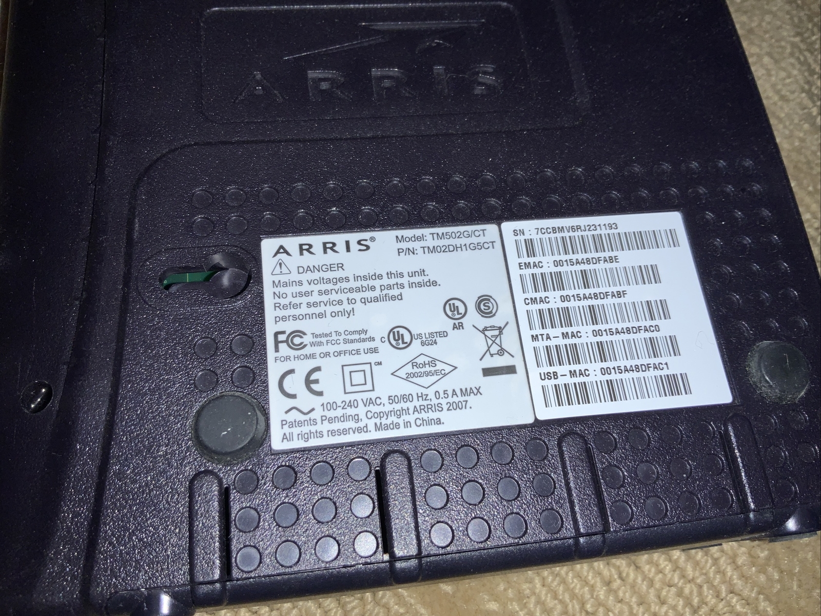 ARRIS Cable / Telephony Modem – Model TM502G/CT – Includes Power Cord