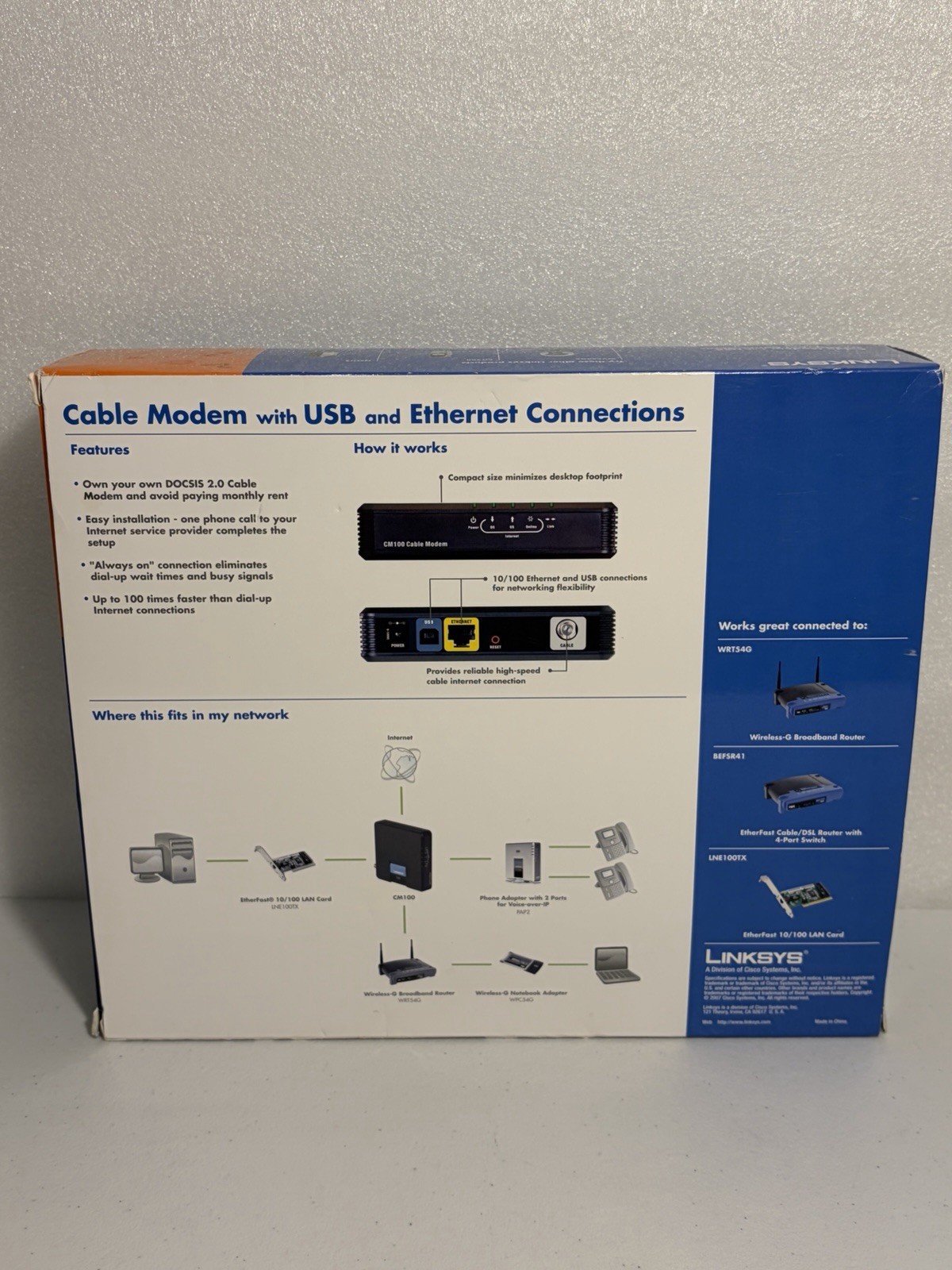 Cisco-Linksys Cable Modem with USB And Ethernet Connections Model #CM100