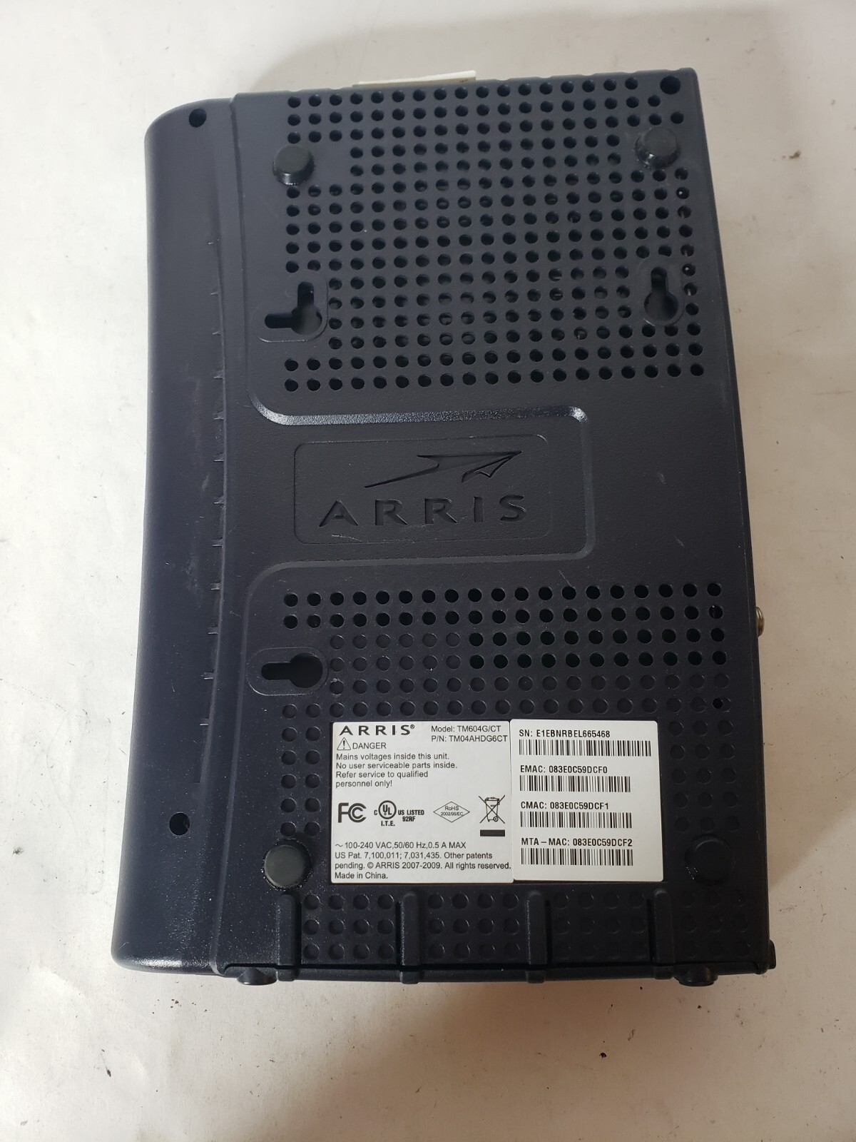 ARRIS TM604G CABLE TOUCHSTONE TELEPHONY MODEM – MODEL TM604G/CT, no power adapte