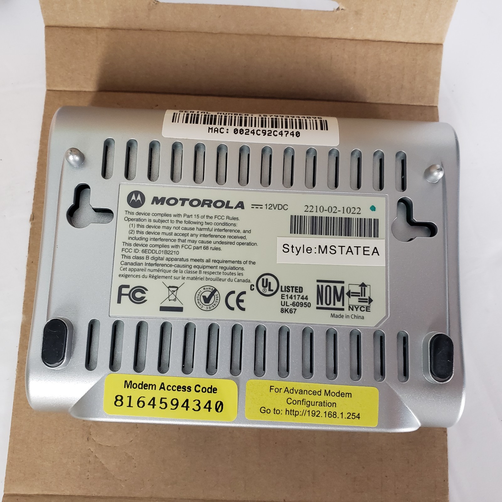 NEW Motorola 2210-02-1022 High Speed Internet DSL Modem w/ Power Supply AT&T