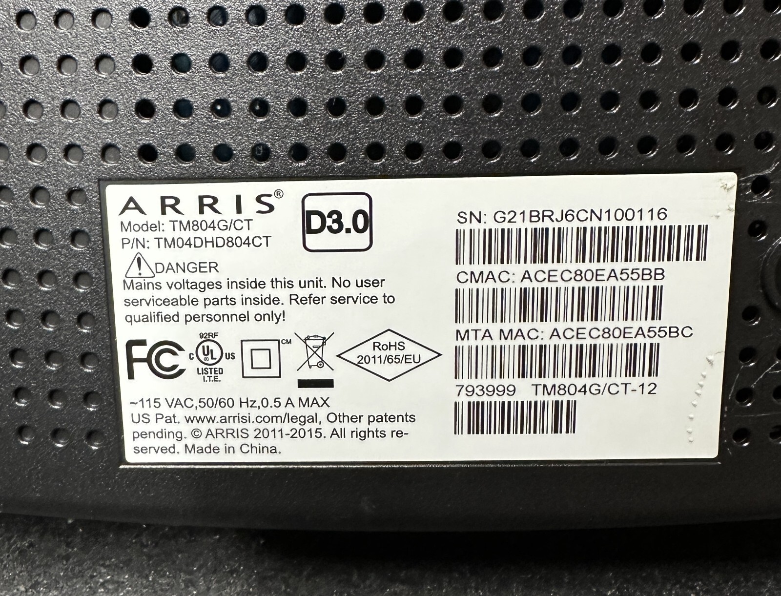 ARRIS Touchstone TM804G/CT DOCSIS 3.0 Telephony Modem TM804 – Black