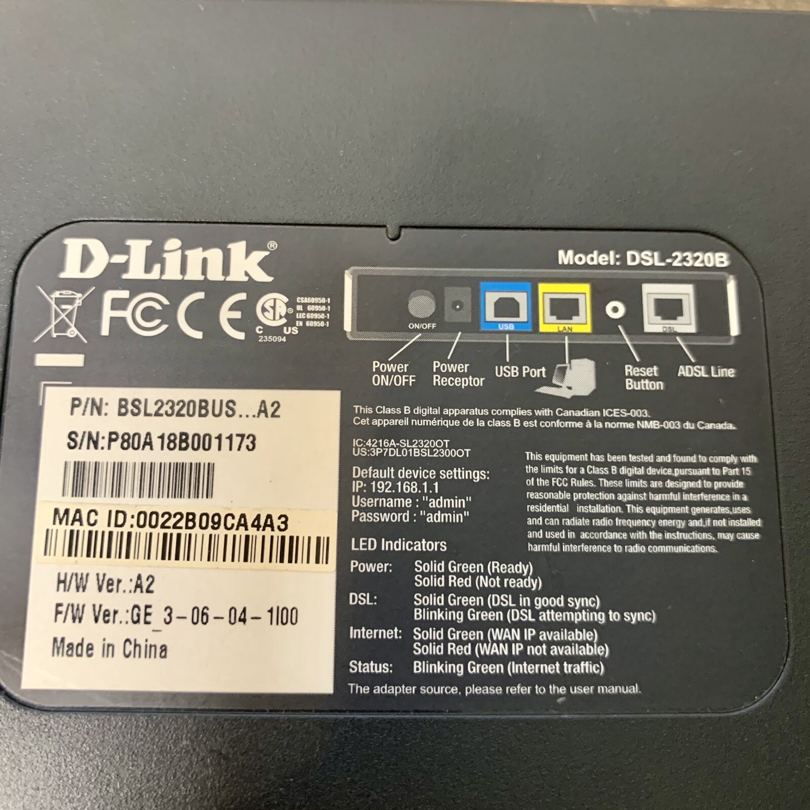 D-Link ADSL Modem Model : DSL-2320B Comes With Charger – Tested – Works Great!