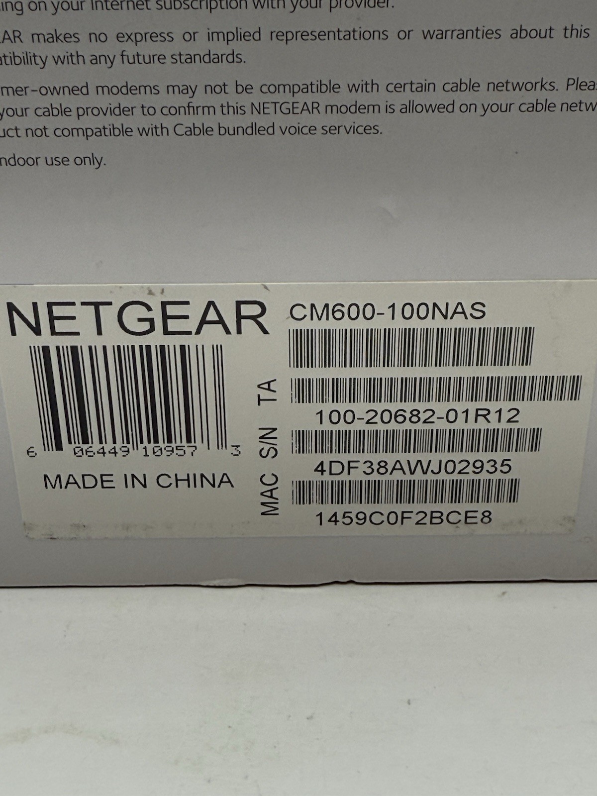 NETGEAR CM600 HIGH SPEED CABLE MODEM DOCSIS 3.0 Open Box Never Used