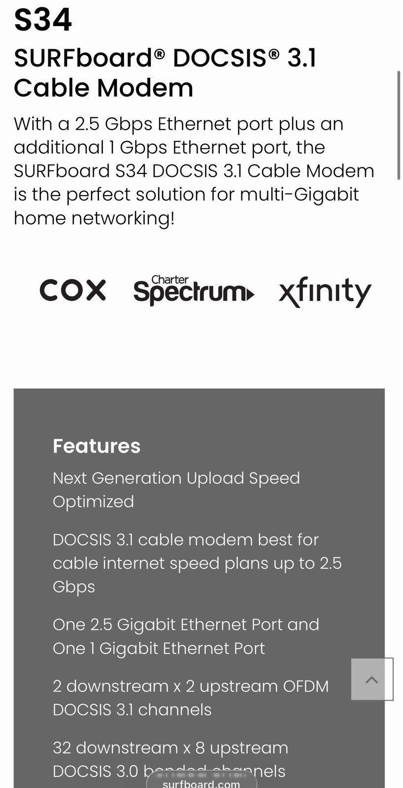 ARRIS SURFboard S34 DOCSIS 3.1 Cable Modem