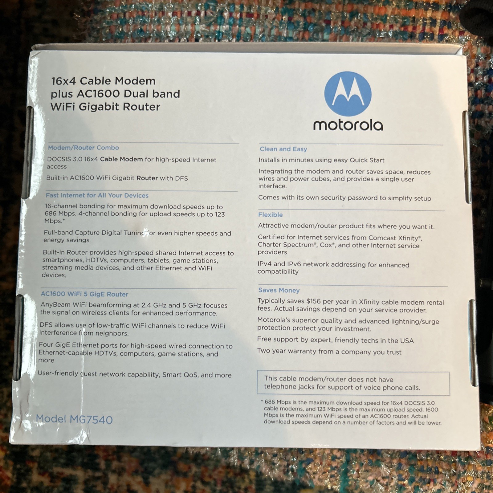 MOTOROLA MG7540 16×4 Cable Modem Plus AC1600 Dual Band Wi-Fi Router