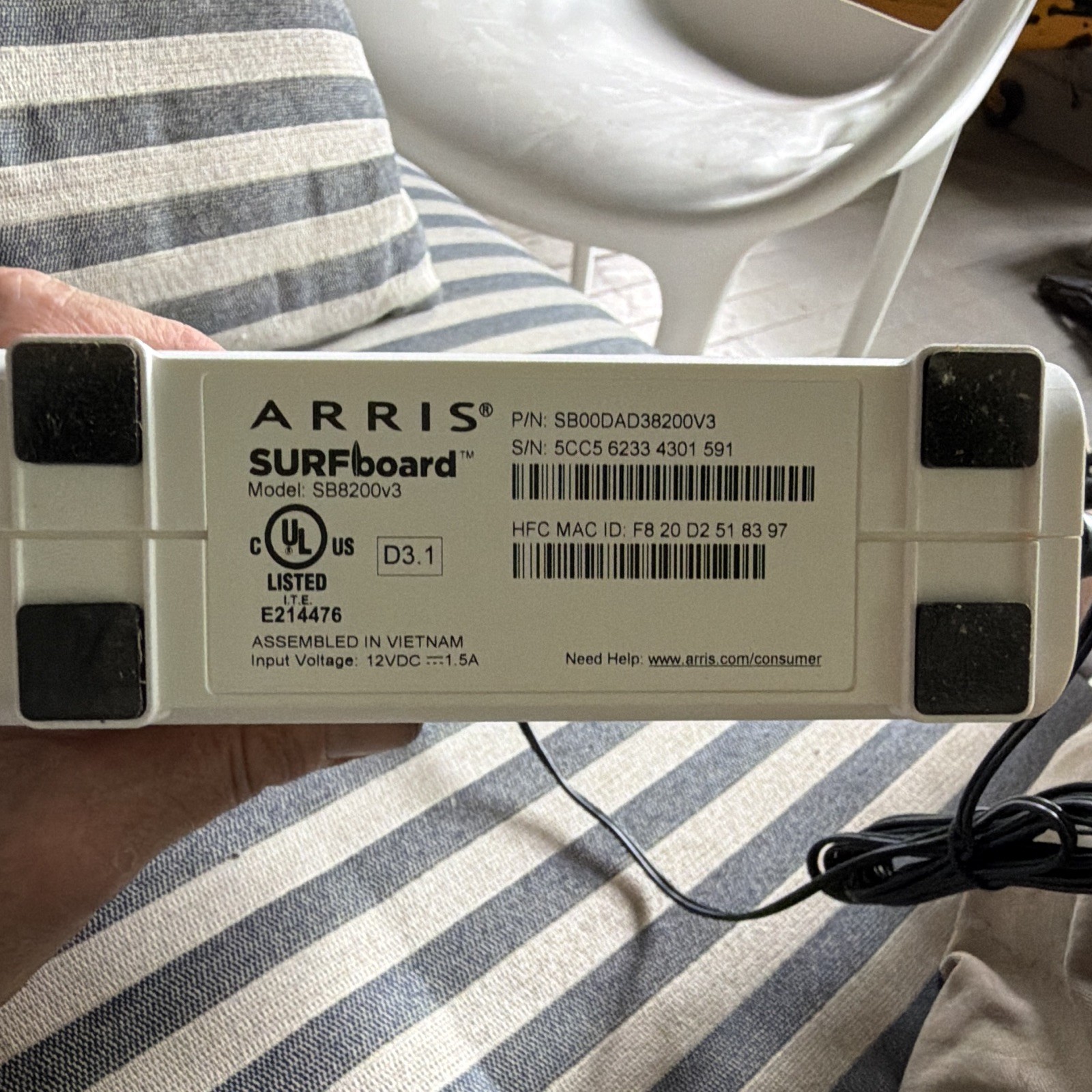 ARRIS SURFboard SB8200v3 DOCSIS 3.1 Cable Modem 1Gbps 2-Port White