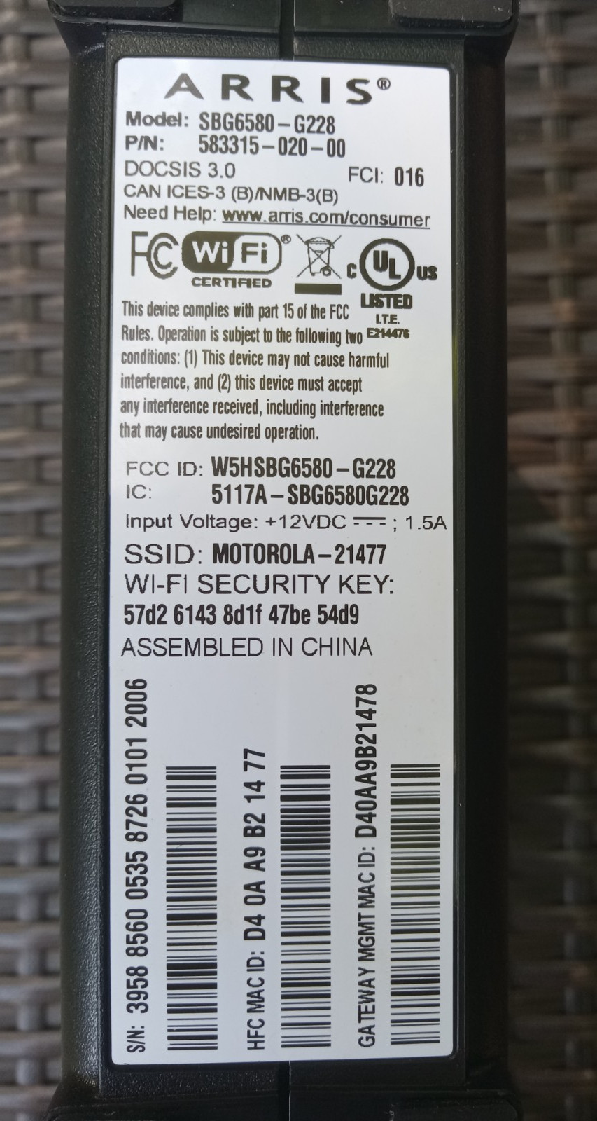 ARRIS SBG6580 DOCSIS 3.0 Cable Modem & WiFi Router
