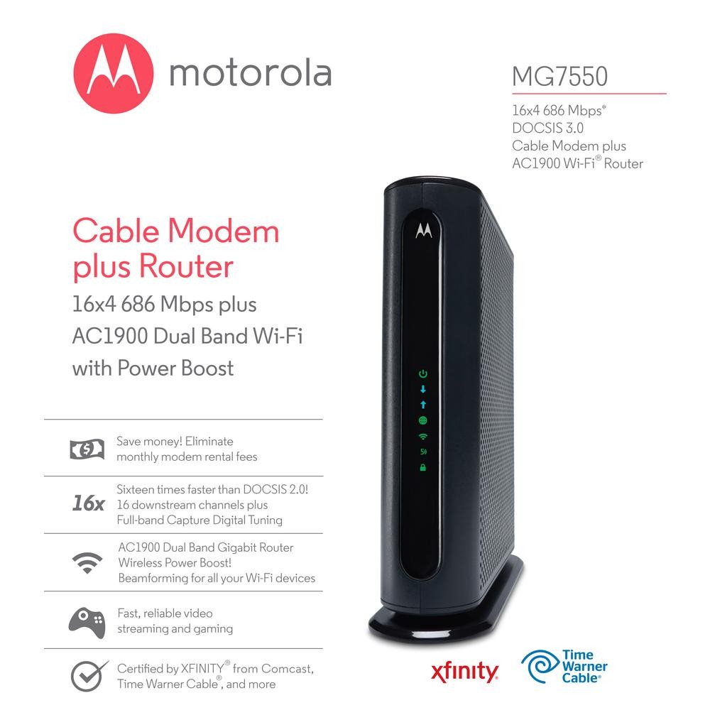 Motorola MG755010 16×4 Cable Modem Plus AC1900 Dual Band Wi-Fi with Power Boost