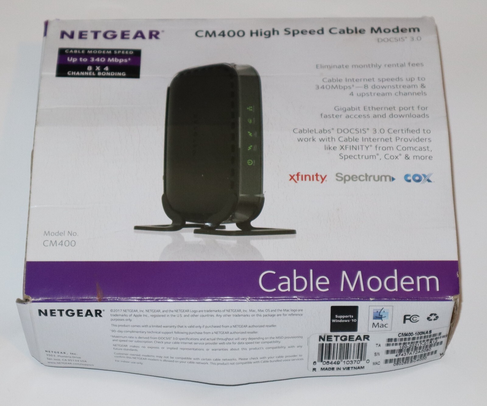 Netgear CM400 High Speed Cable Internet Modem DOCSIS 3.0 340Mbps w/ Box