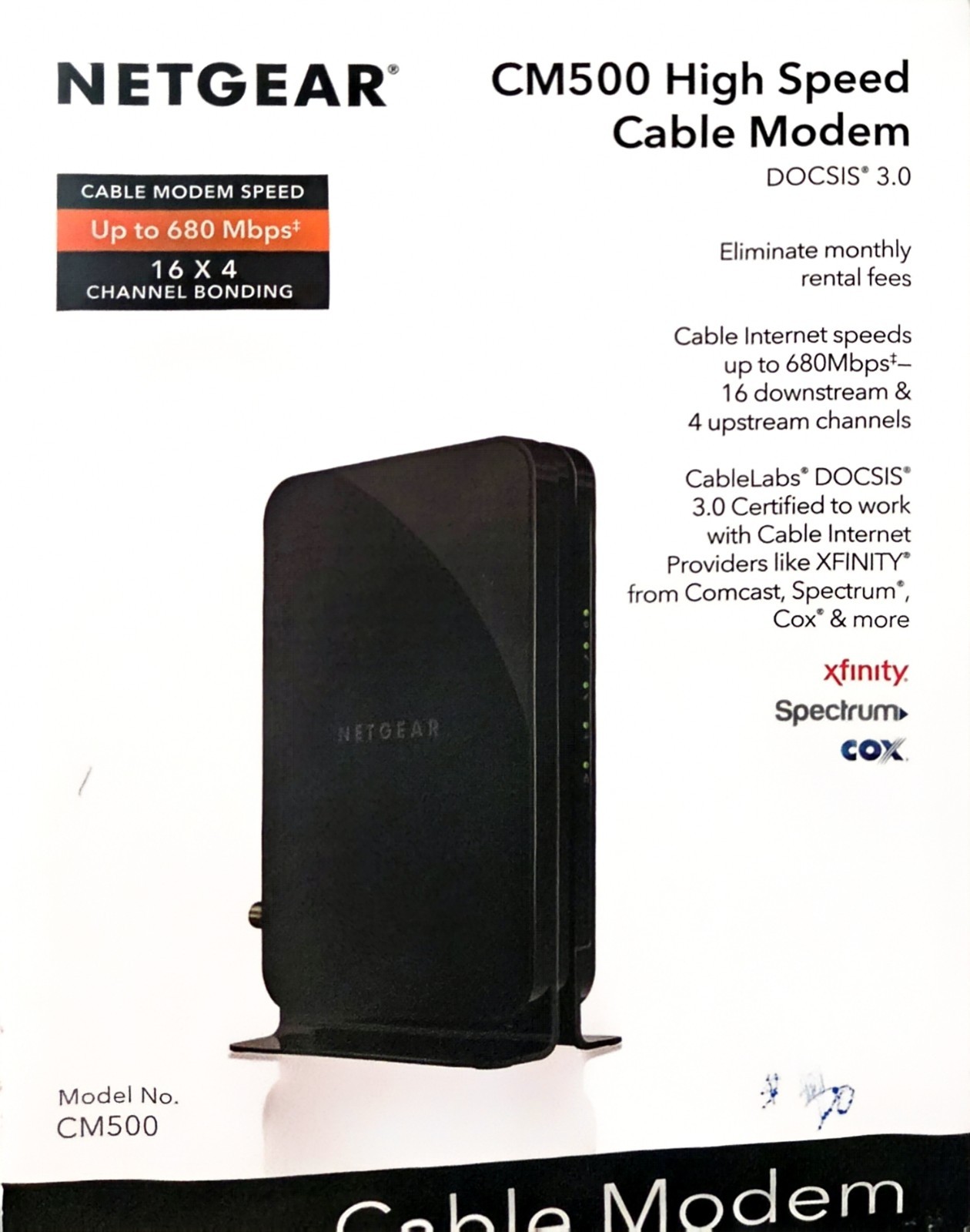 NETGEAR CM500 DOCSIS 3.0 Cable Modem 680 Mbps 1GbE IPv6 Comcast