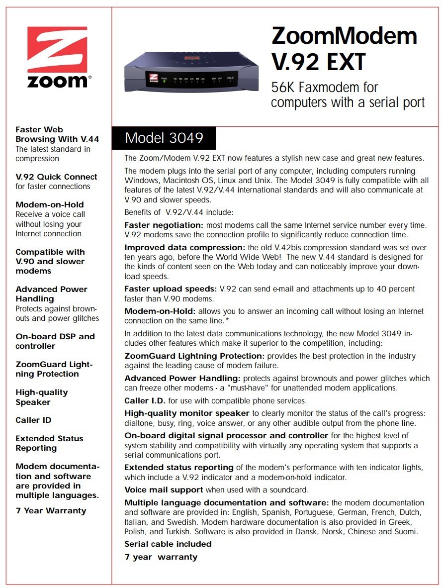 *NEW* Zoom 3049 External RS232 56K V.92/V.90 Fax Modem