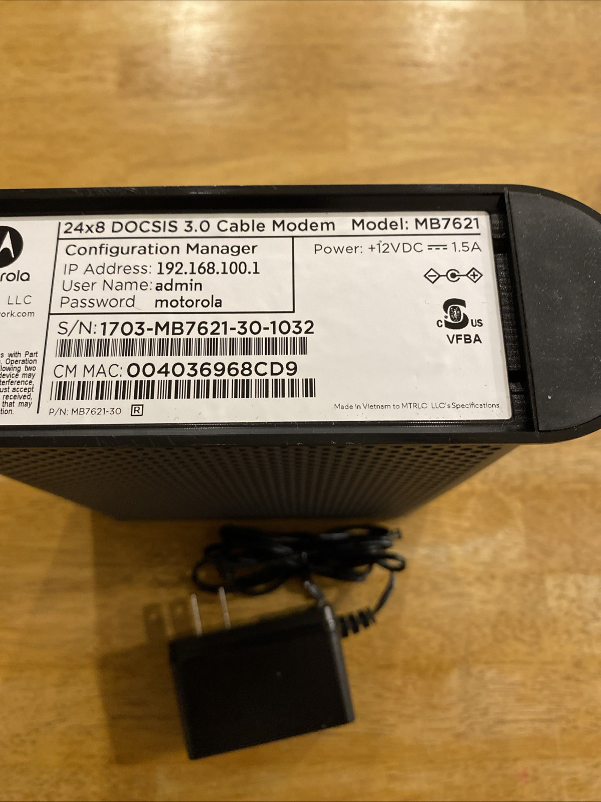 Motorola MB7621 Cable Modem Docsis 3.0 24X8 Xfinity 1000mfbs