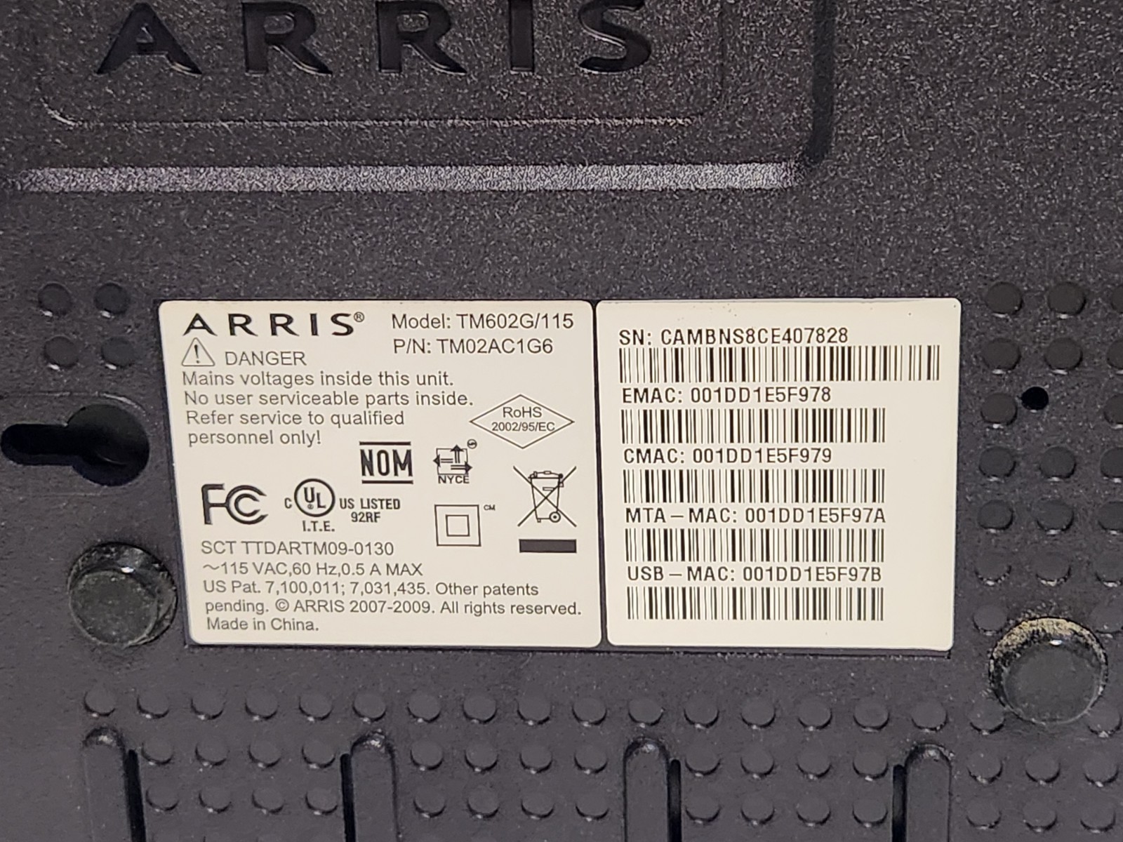 ARRIS TM602G/115 Touchstone Telephony Modem w/ Power Cord, Turns on