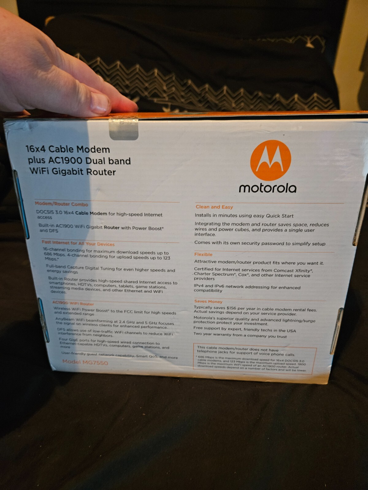 Motorola MG7550 16×4 DOCSIS 3.0 Cable Modem Plus AC1900 WiFi Router NEW OPEN BOX