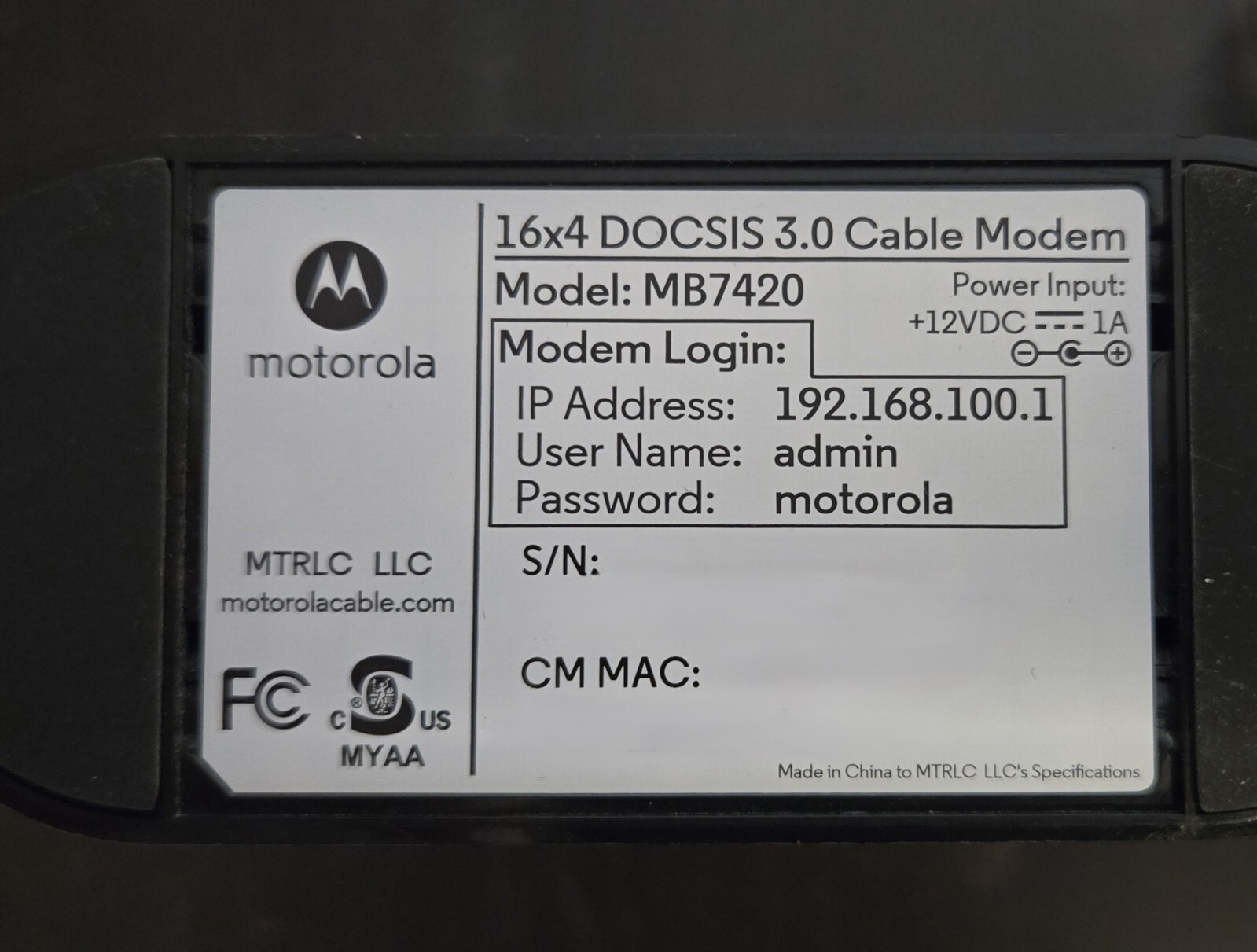 Motorola MB742010 686mbps DOCSIS 3.0 Cable Modem Used
