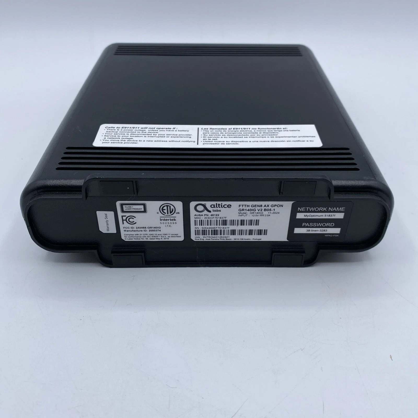 Altice UBC1338 Gateway Wireless Modem Black GR140DGM 4 Port FiberGateway No Char