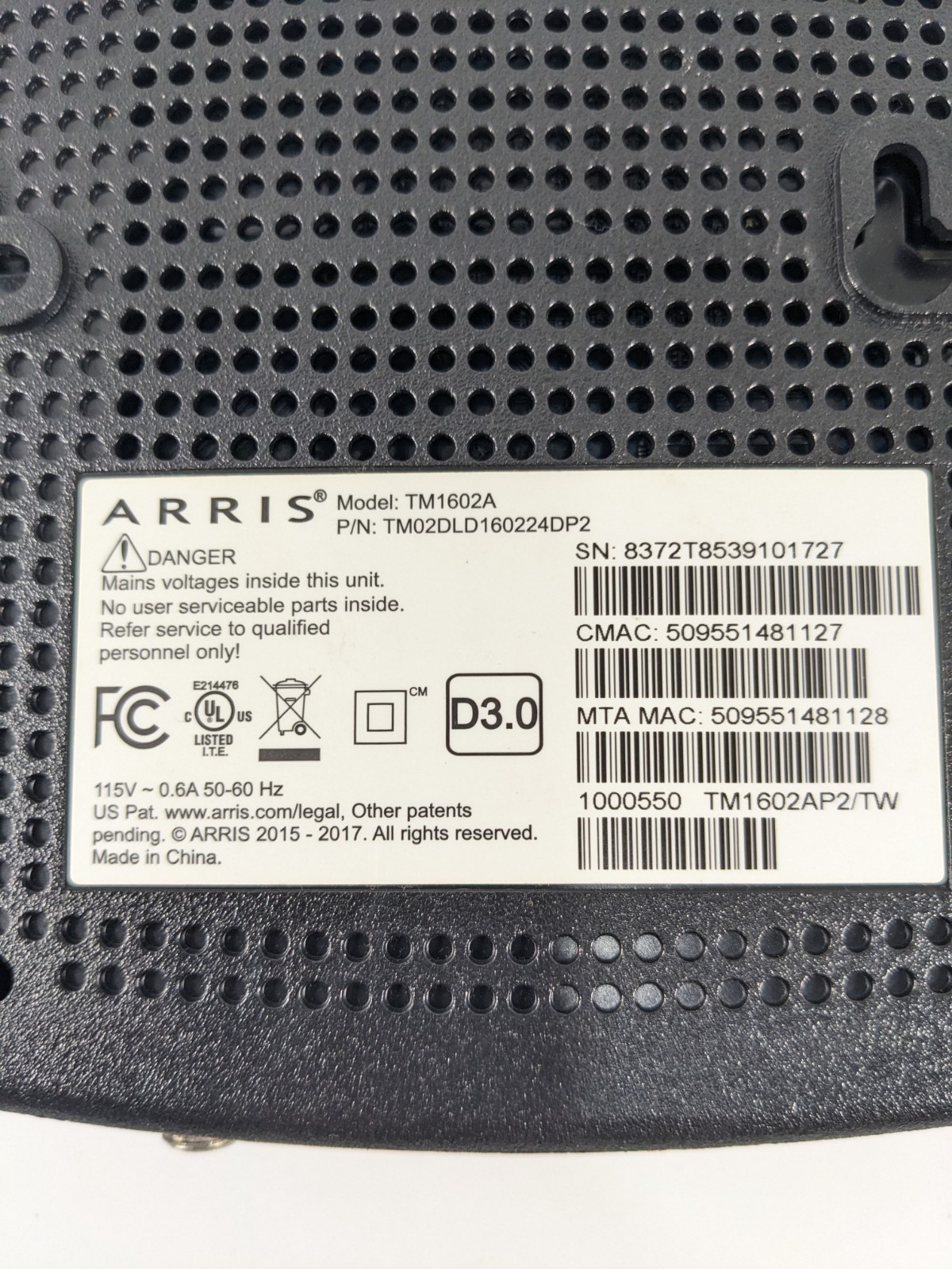 ARRIS TM1602A Telephony Cable Modem Touchstone DOCSIS 3.0