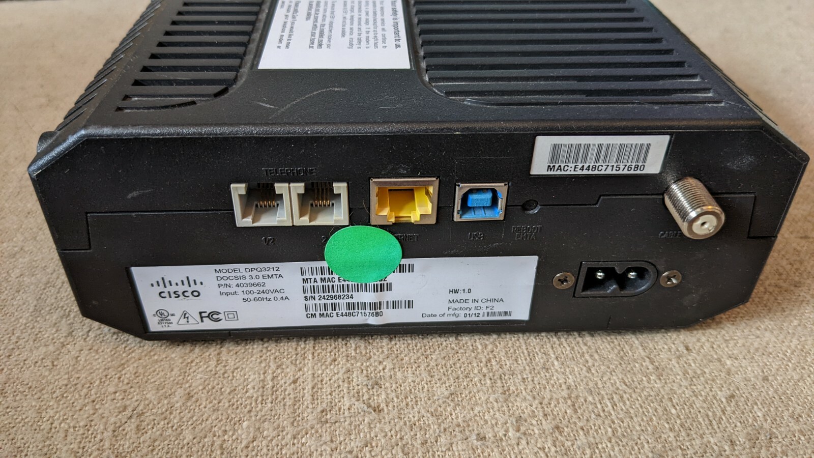 CISCO DPQ3212 CABLE MODEM DOCSIS 3.0 PHONE MODEM/CABLEVISION – no cords