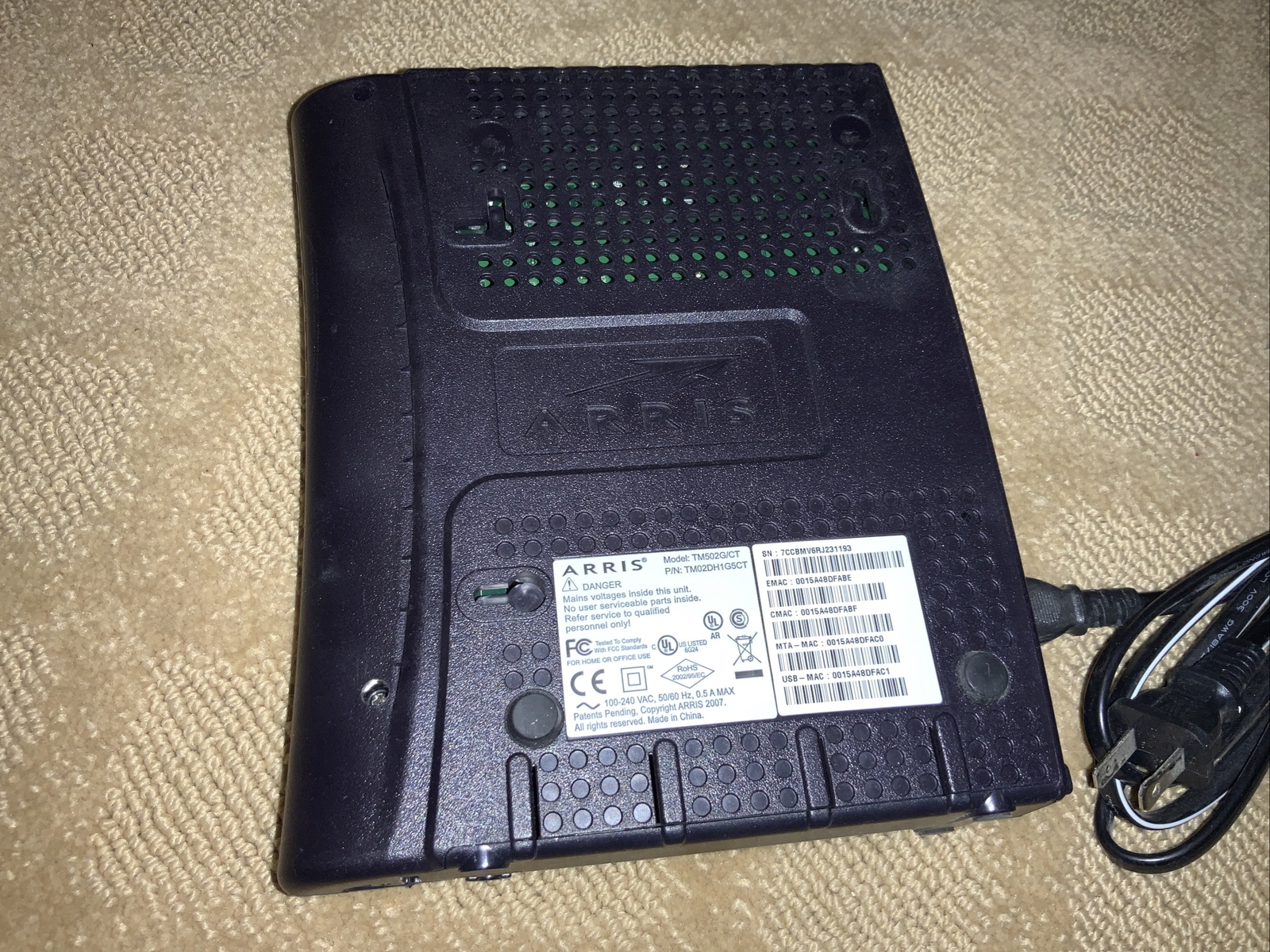 ARRIS Cable / Telephony Modem – Model TM502G/CT – Includes Power Cord