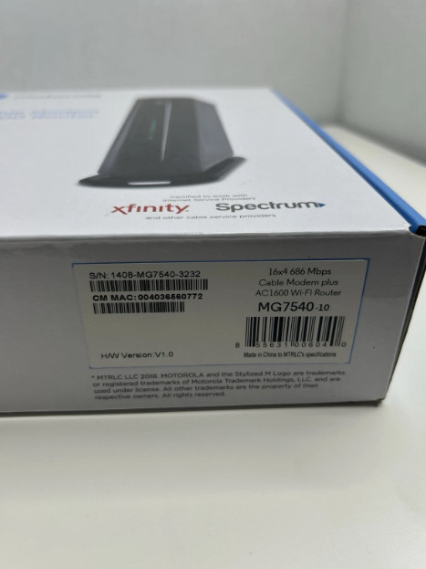 MOTOROLA MG7540 16×4 Cable Modem Plus AC1600 Dual Band Wi-Fi Router Open Box
