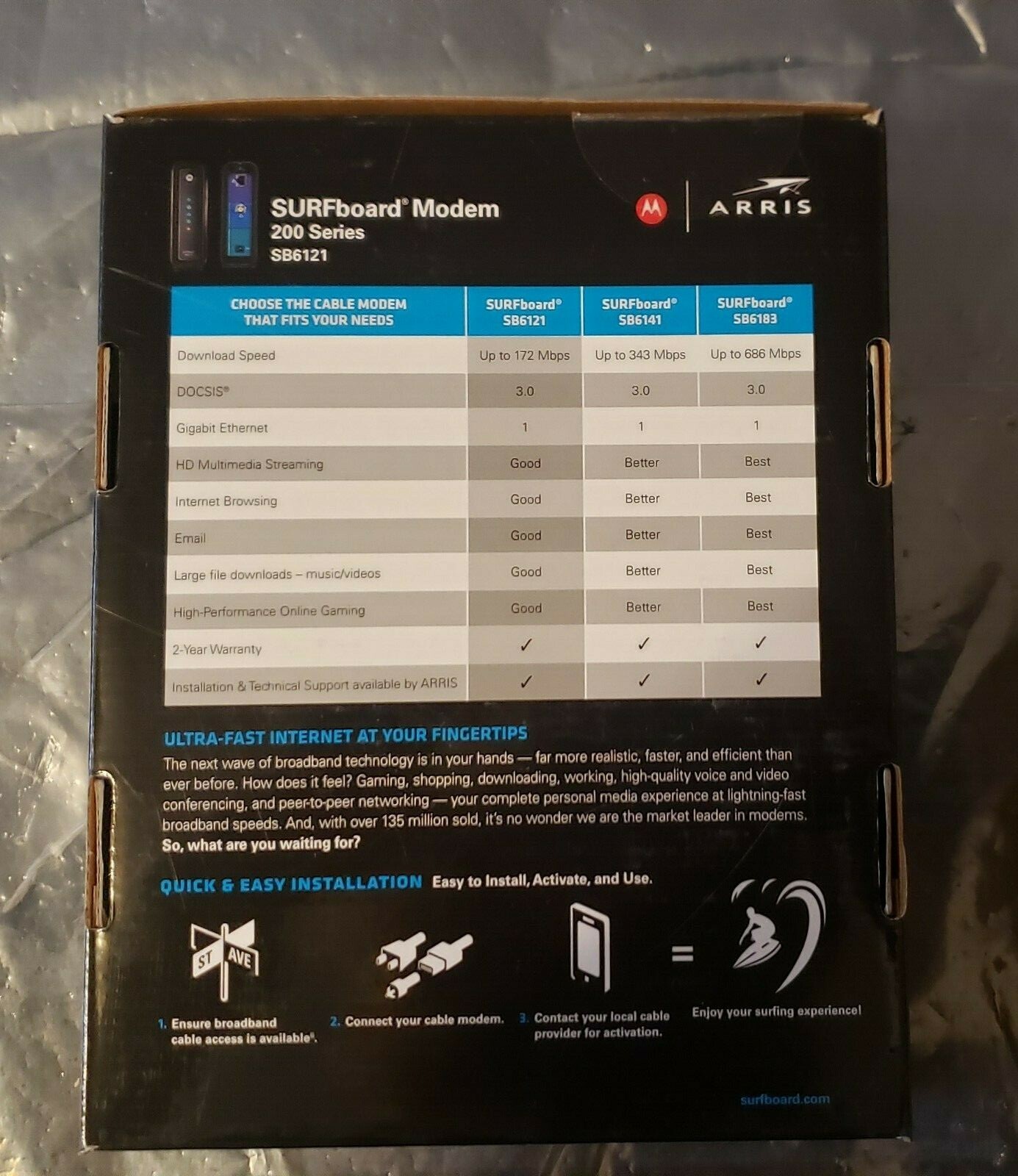 MOTOROLA Arris SurfBoard SB6121 DOCSIS 3.0 Cable Internet Wifi Modem 200 Series