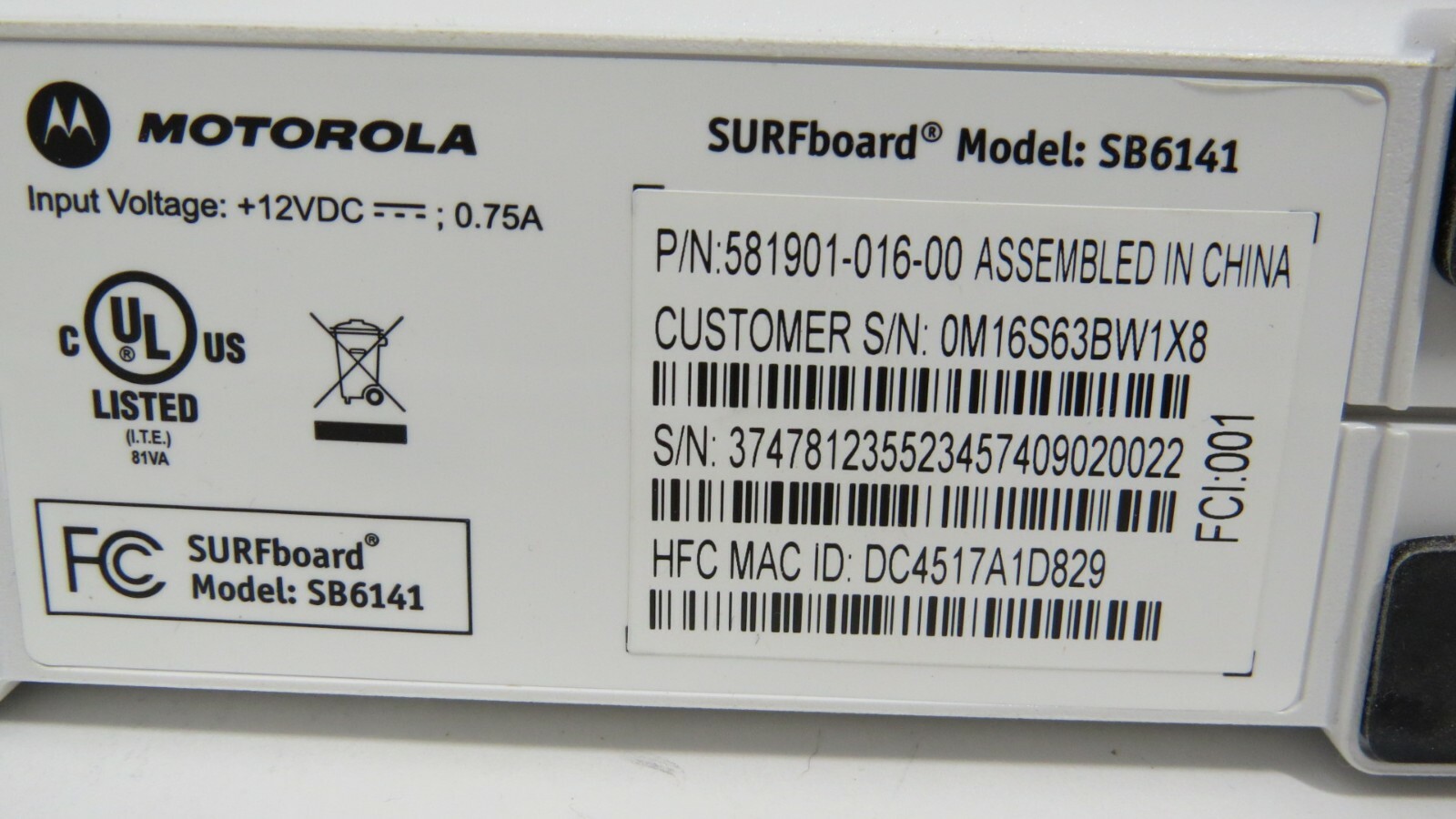 MOTOROLA SURFboard SB6141 Docsis 3.0 Cable Modem Ethernet Cable Power Supply Cat