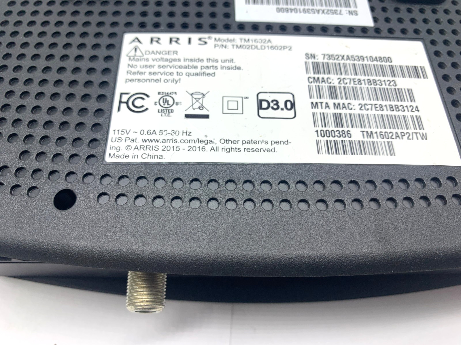 ARRIS TM1602A Cable Modem DOCSIS 3.0 with power cord – Works Good