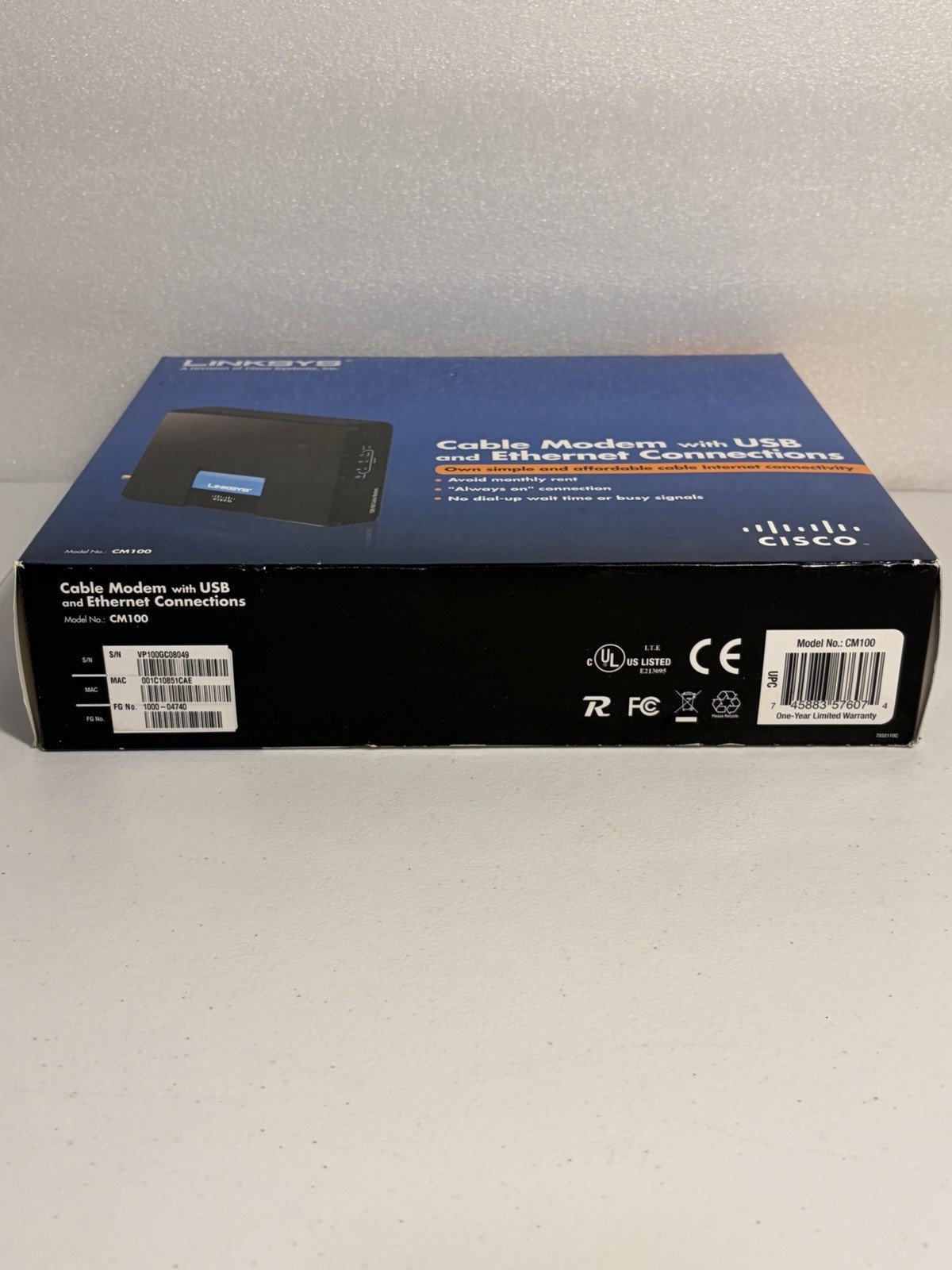 Cisco-Linksys Cable Modem with USB And Ethernet Connections Model #CM100