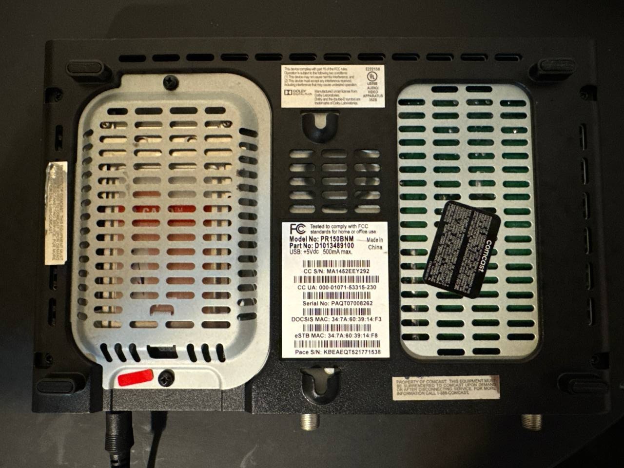 Comcast Xfinity modem model PR150BNM with power adapter