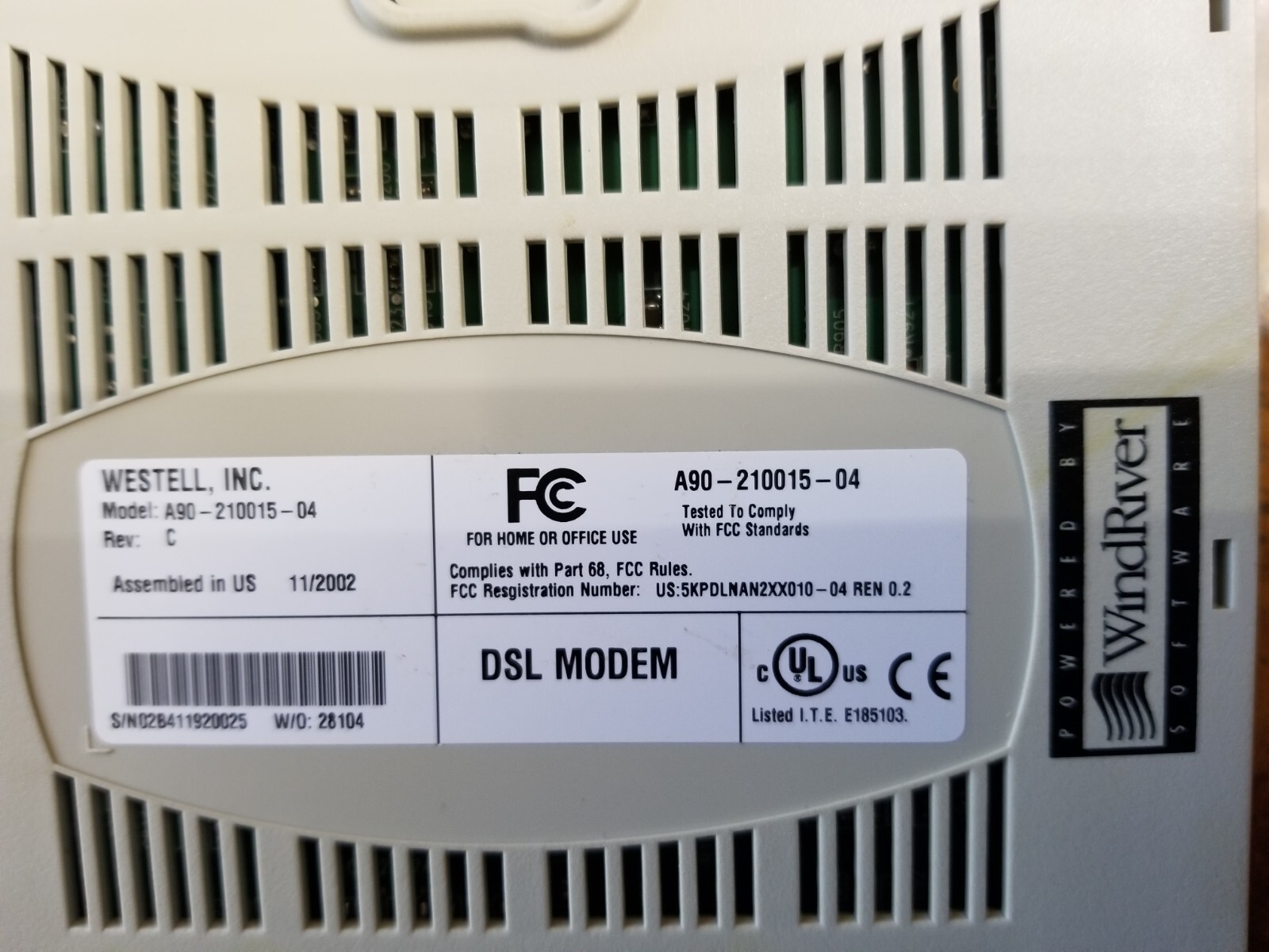 Wind River Westell, Inc. Wire Speed DSL Modem # A90-210015-04 Data & Ethernet.