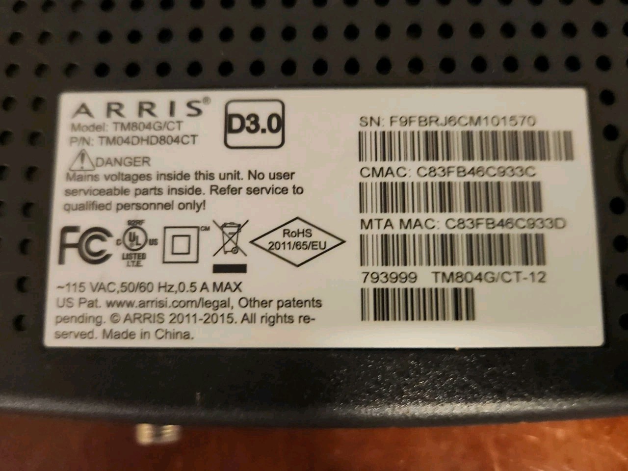 ARRIS Touchstone TM804G/CT 3.0 Internet Telephone, Telephony Modem L14