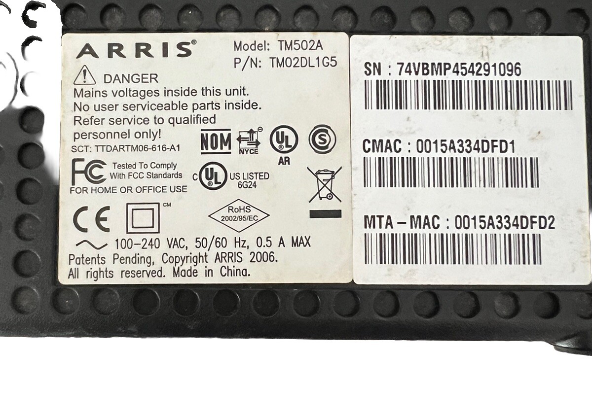 Arris TM502A Cable Modem Docsis 3.0 Telephony Modem For DSL & Cablevision