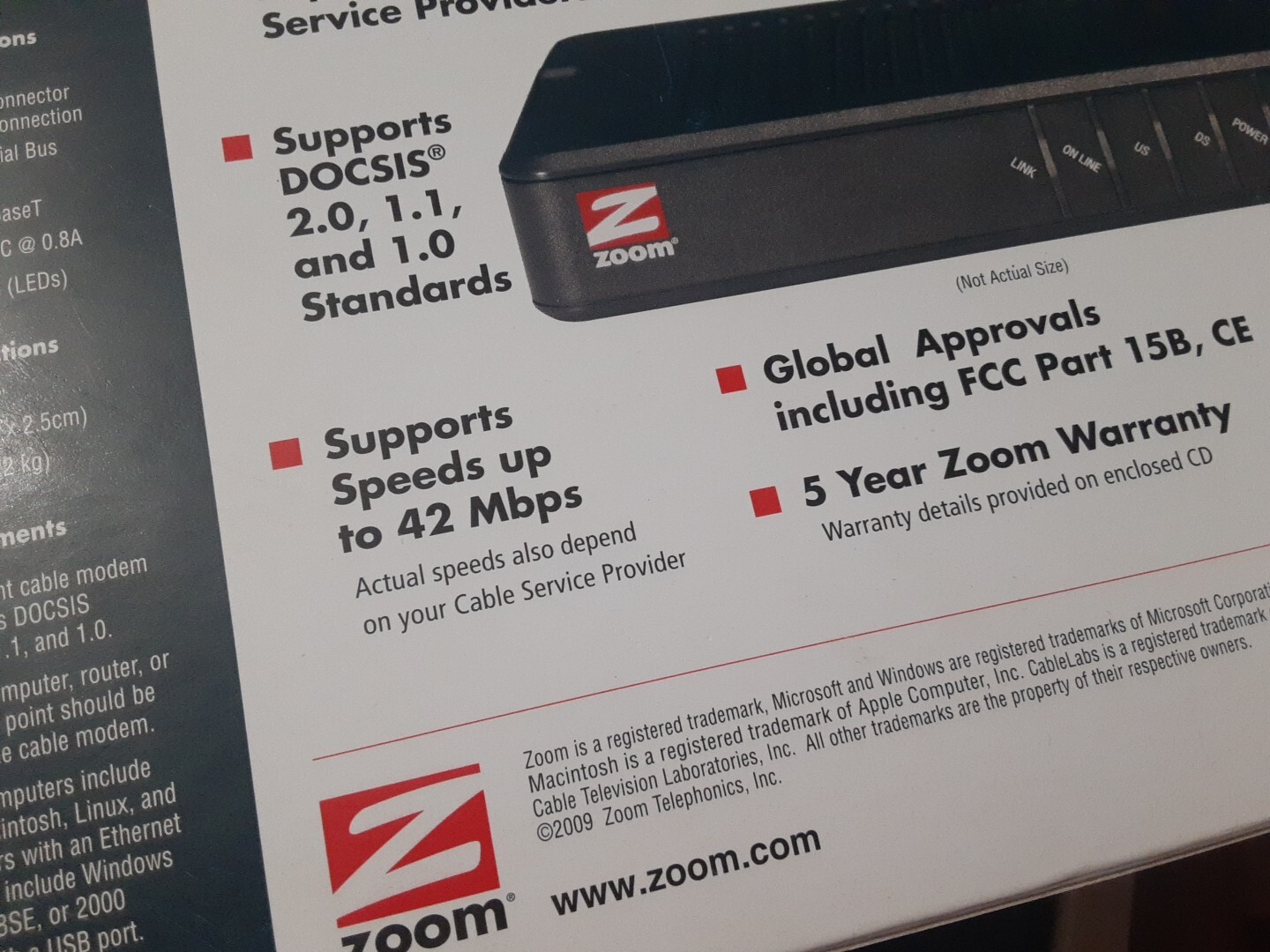 Zoom Cable Modem Ethernet/USB External Mod. 5241 Windows Mac Linus Unix Open Box